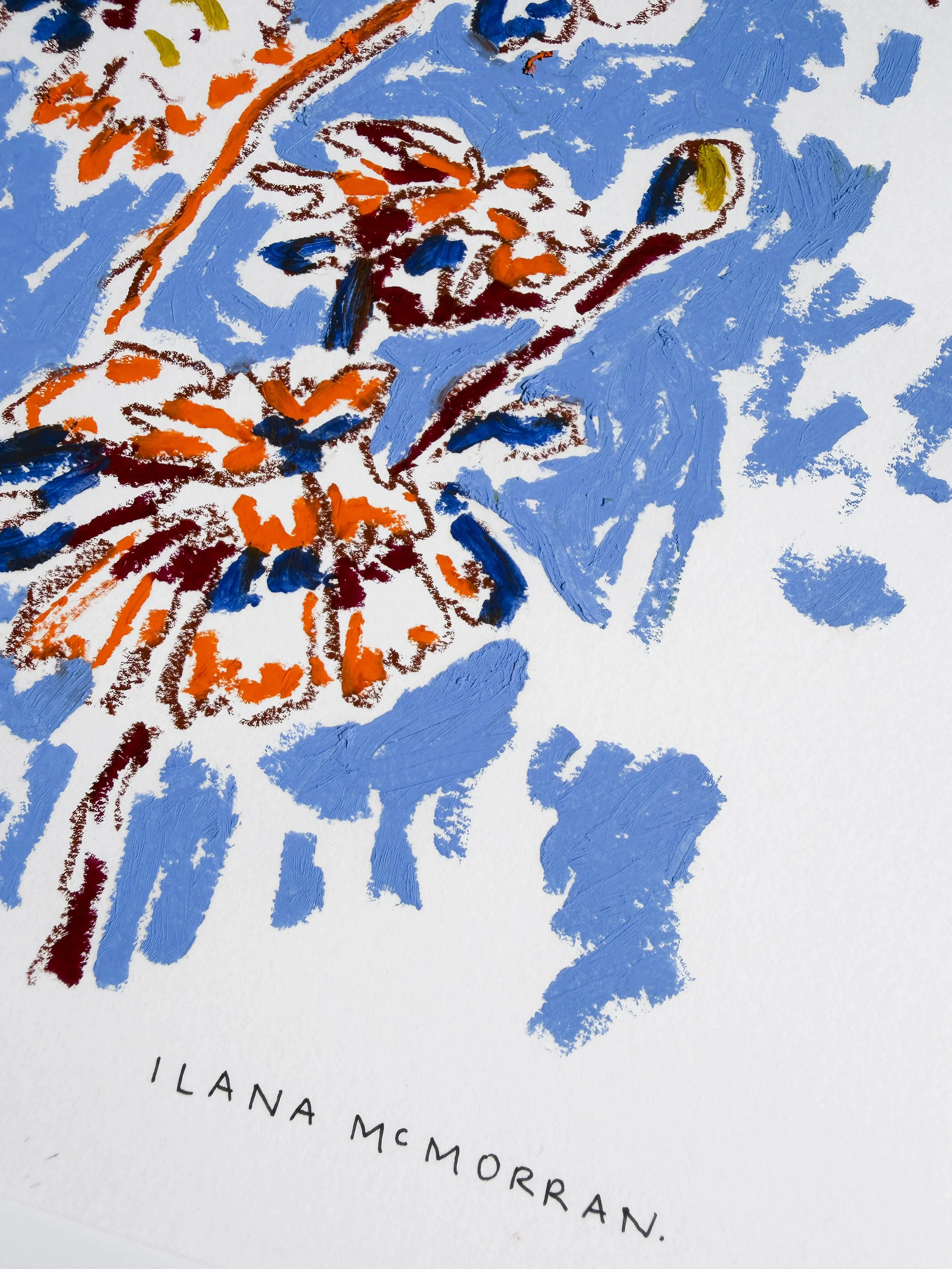 Abstract floral artwork with a clustered bunch of orange, burgundy and gold blooms on blue background, oil stick on paper, part of the In Bloom collection