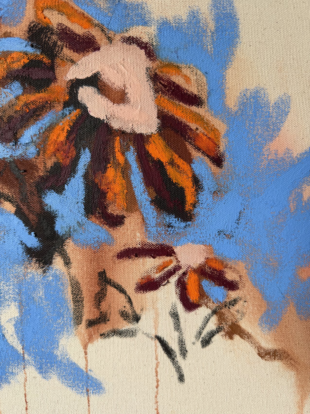 Abstract floral painting in burnt orange, burgundy and blue on raw cotton duck canvas, Australian abstract art