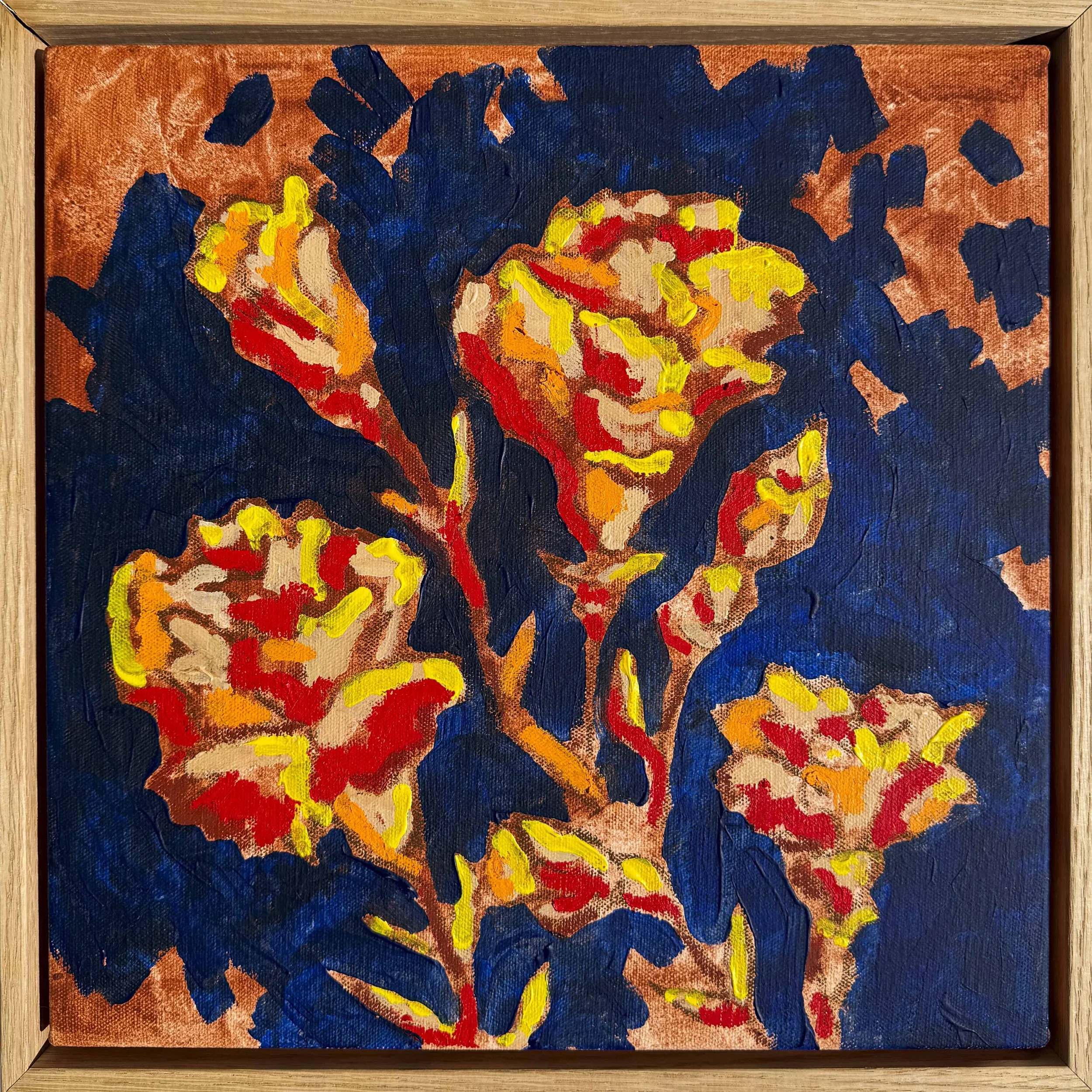 Abstract floral painting in deep navy blue and gold tones, part of the In Bloom collection