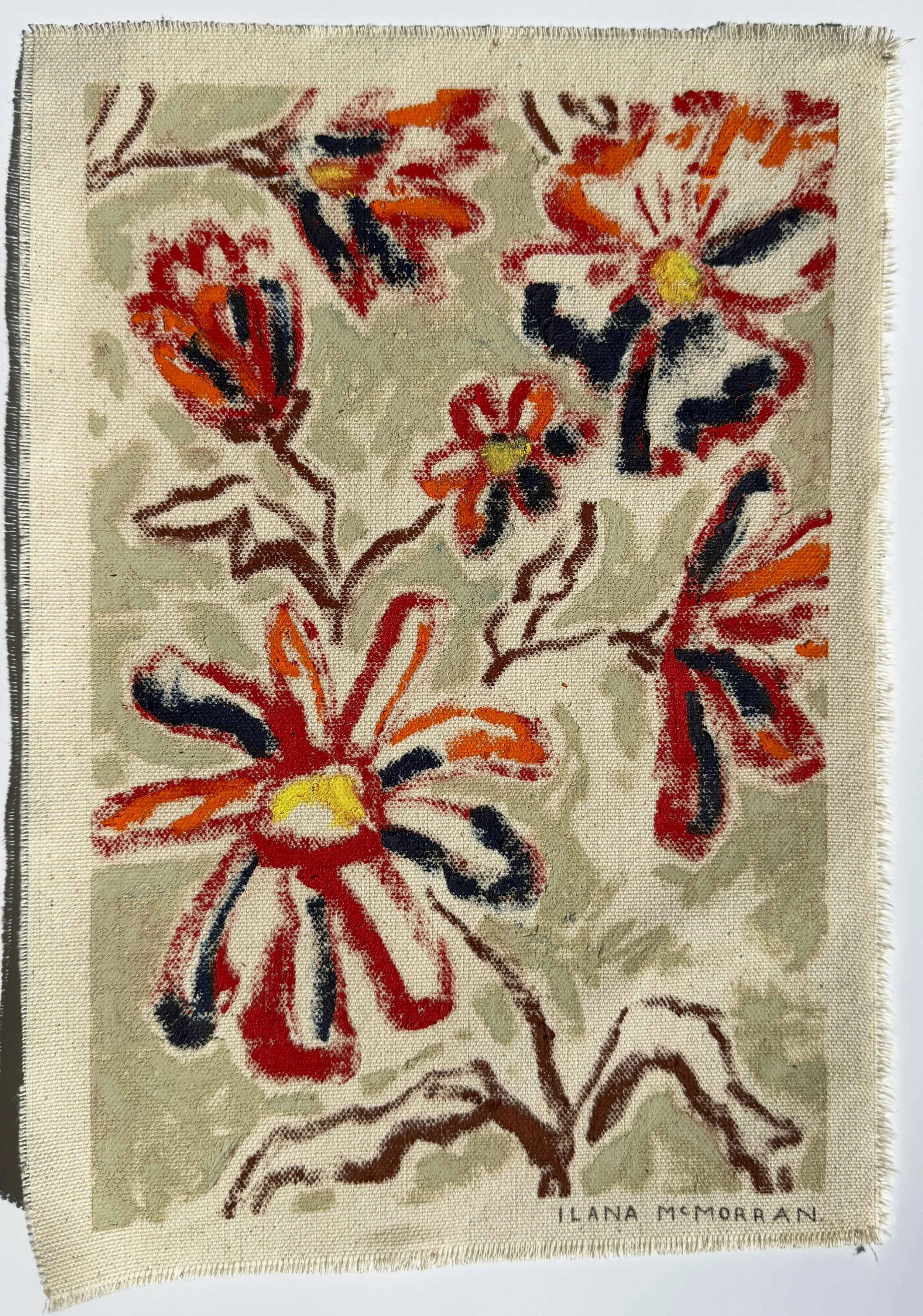 Abstract floral painting in red, orange and olive tones on raw unframed canvas, part of the In Bloom collection