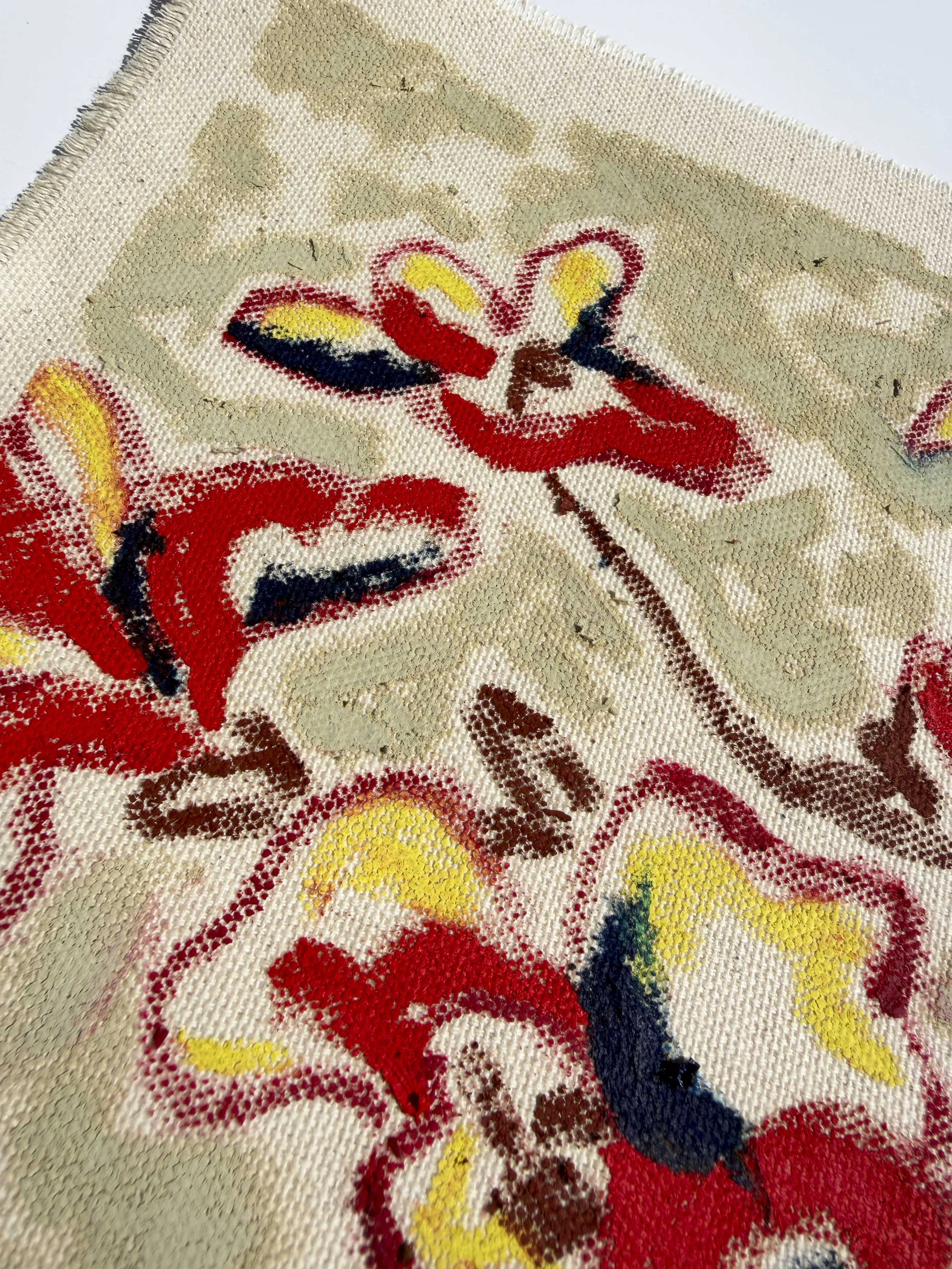 Abstract floral painting in olive green and red tones on raw unframed canvas, part of the In Bloom collection