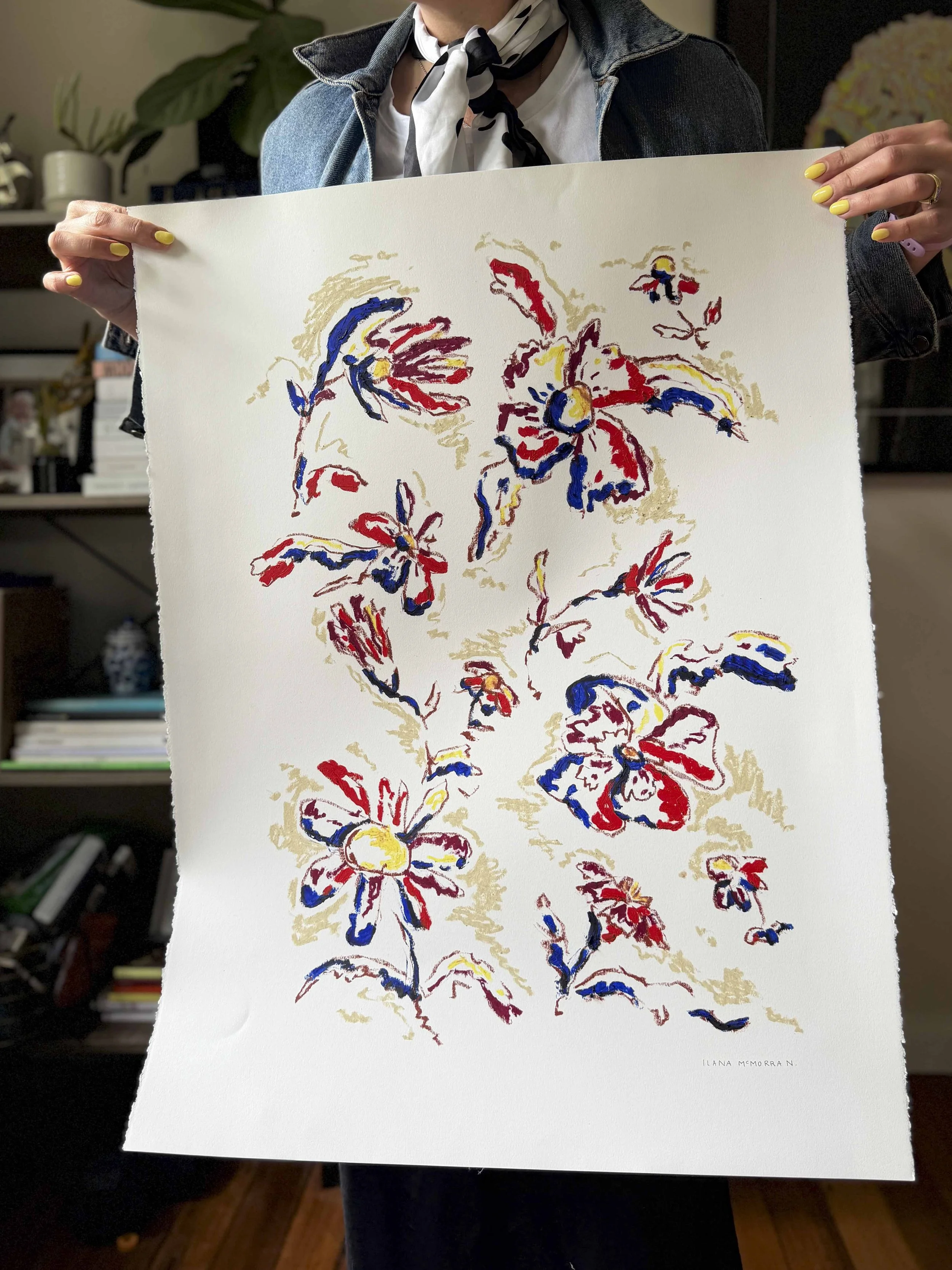 Abstract floral artwork in red, navy and gold tones on a warm sand background, oil stick on paper, part of the In Bloom collection