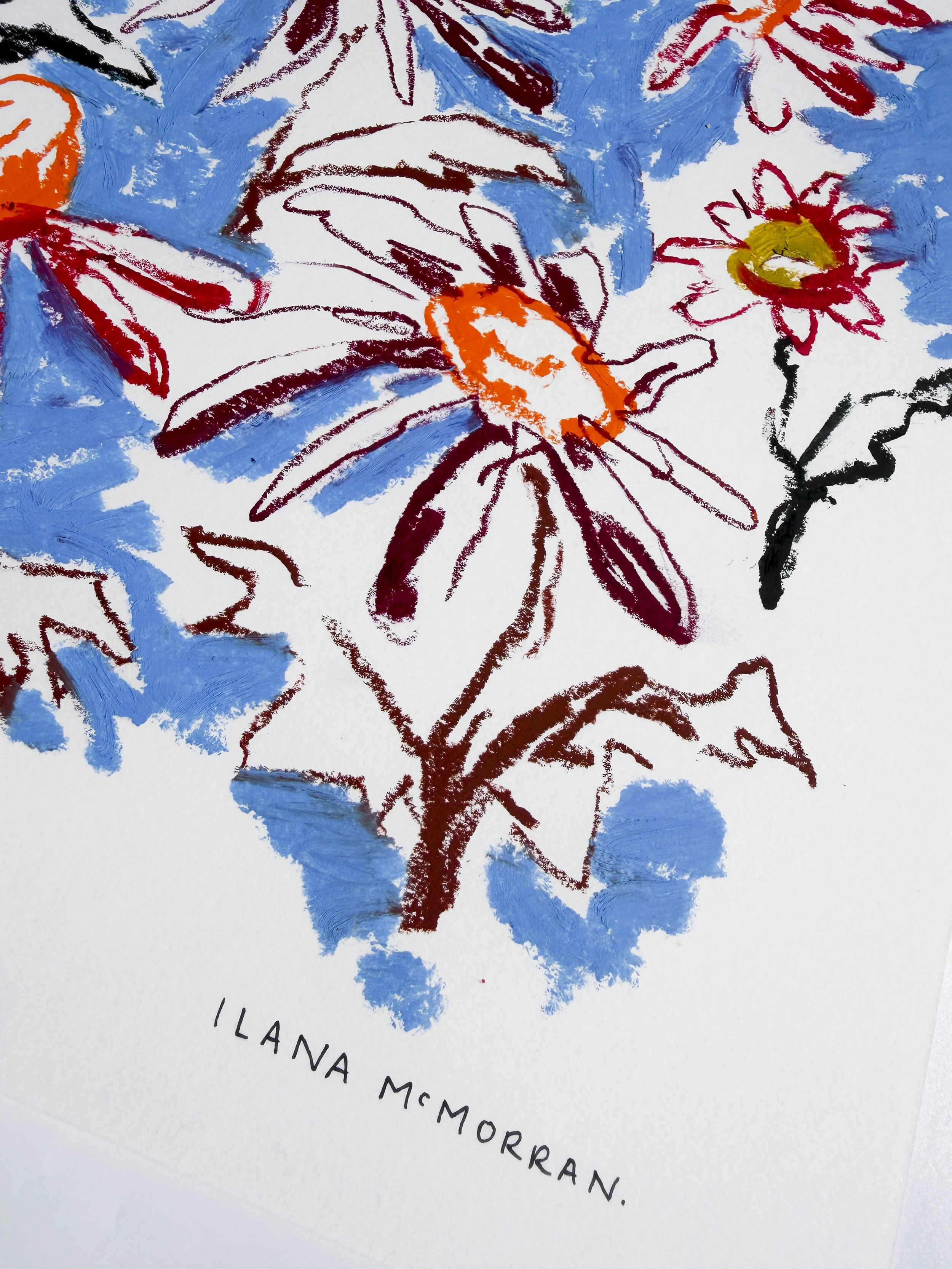 Colourful abstract floral artwork in rmagenta, gold and orange on blue background, oil stick on paper, part of the In Bloom collection