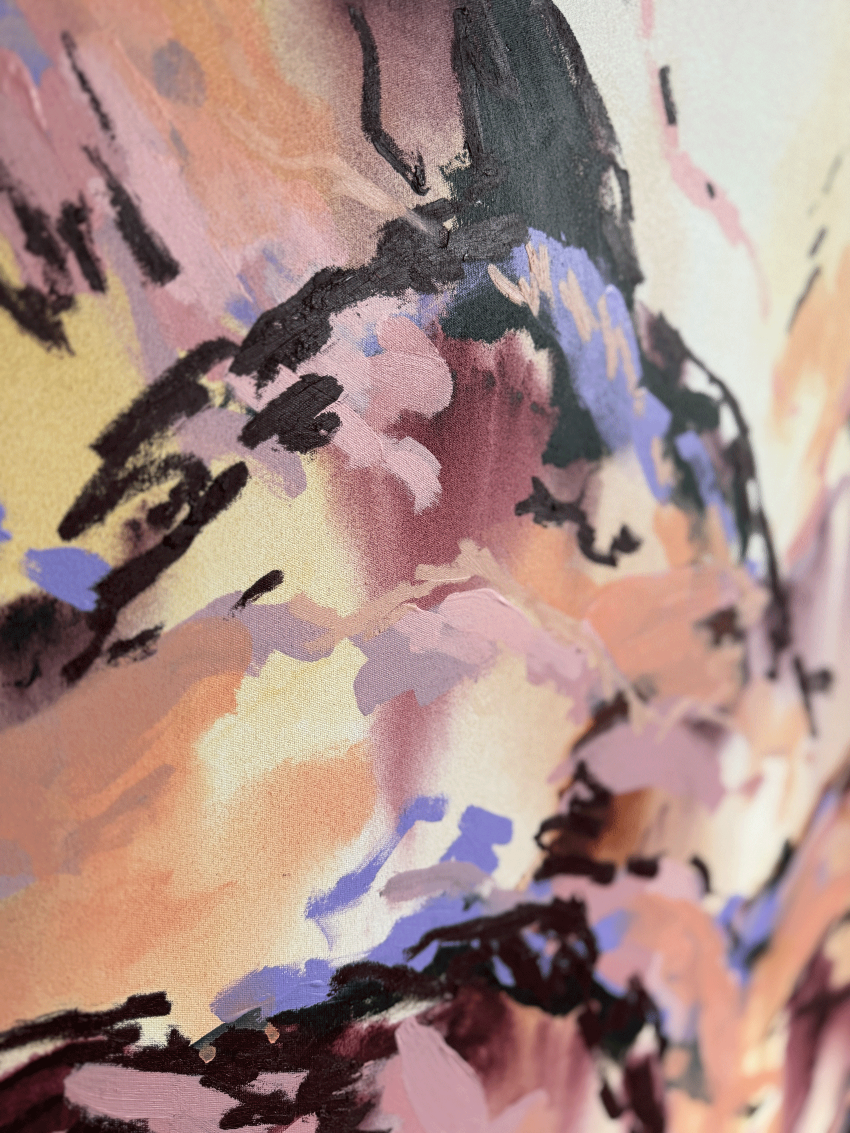 Abstract mountainscape painting in peach, mauve and lavender tones with layered ridges, Australian abstract art