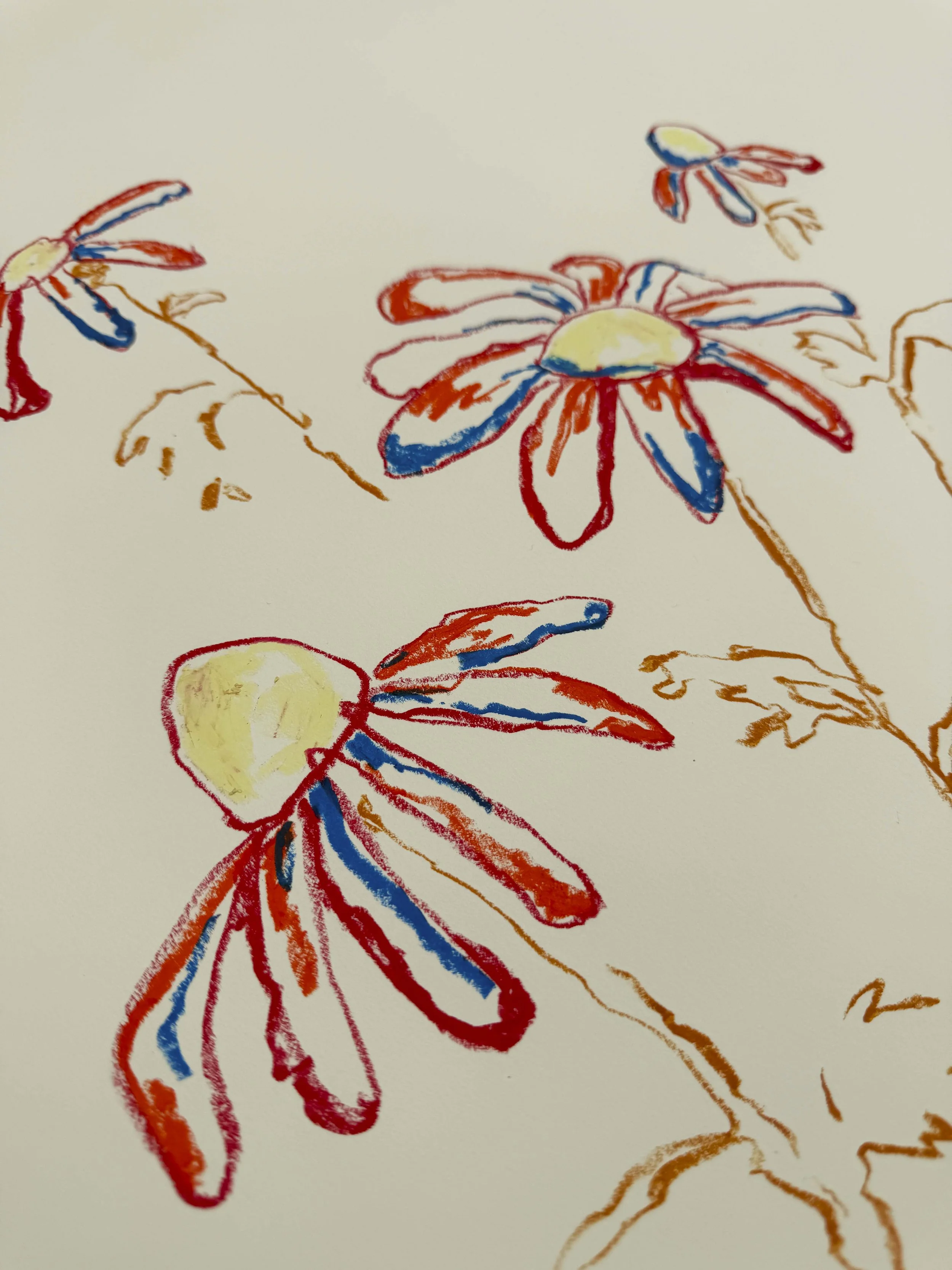 Loose sketch-style floral artwork in red, blue and yellow oil pastel on bare paper, part of the In Bloom collection