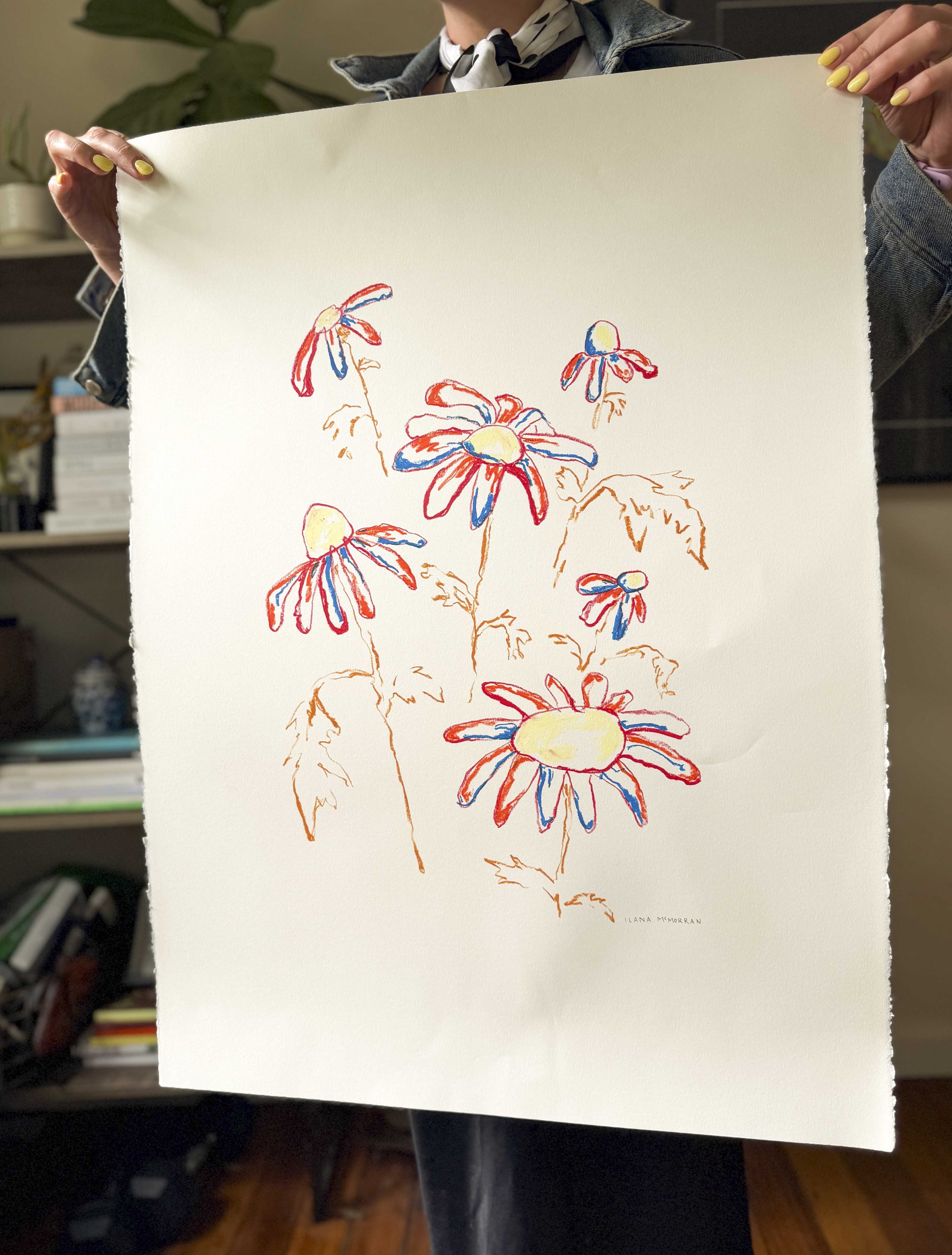 Loose sketch-style floral artwork in red, blue and yellow oil pastel on bare paper, part of the In Bloom collection