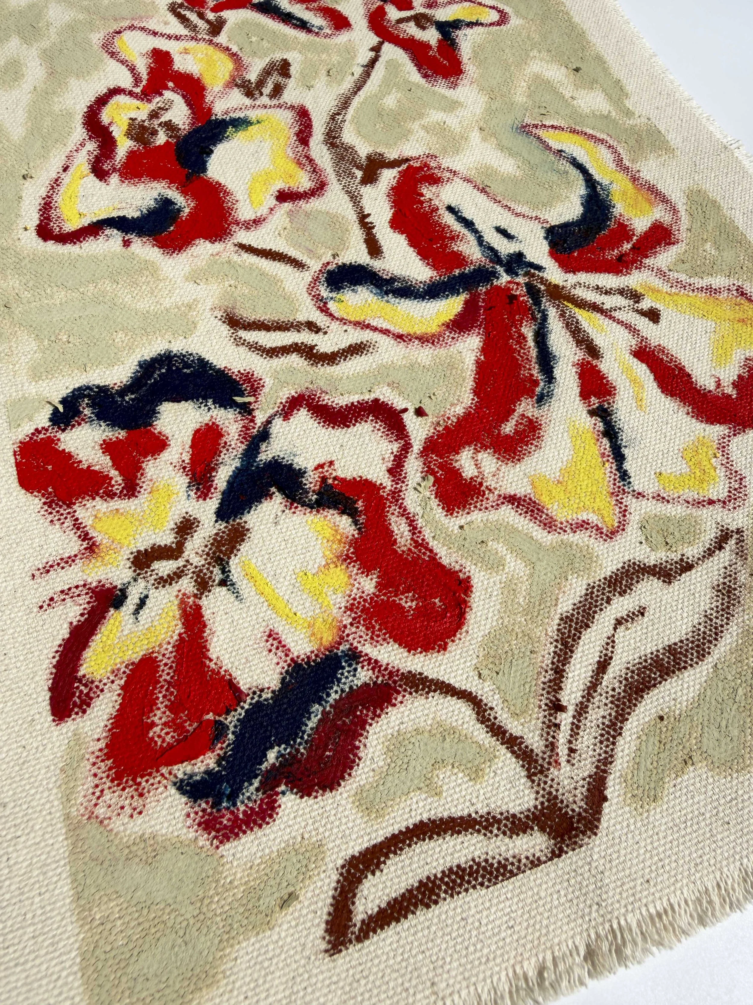 Abstract floral painting in olive green and red tones on raw unframed canvas, part of the In Bloom collection