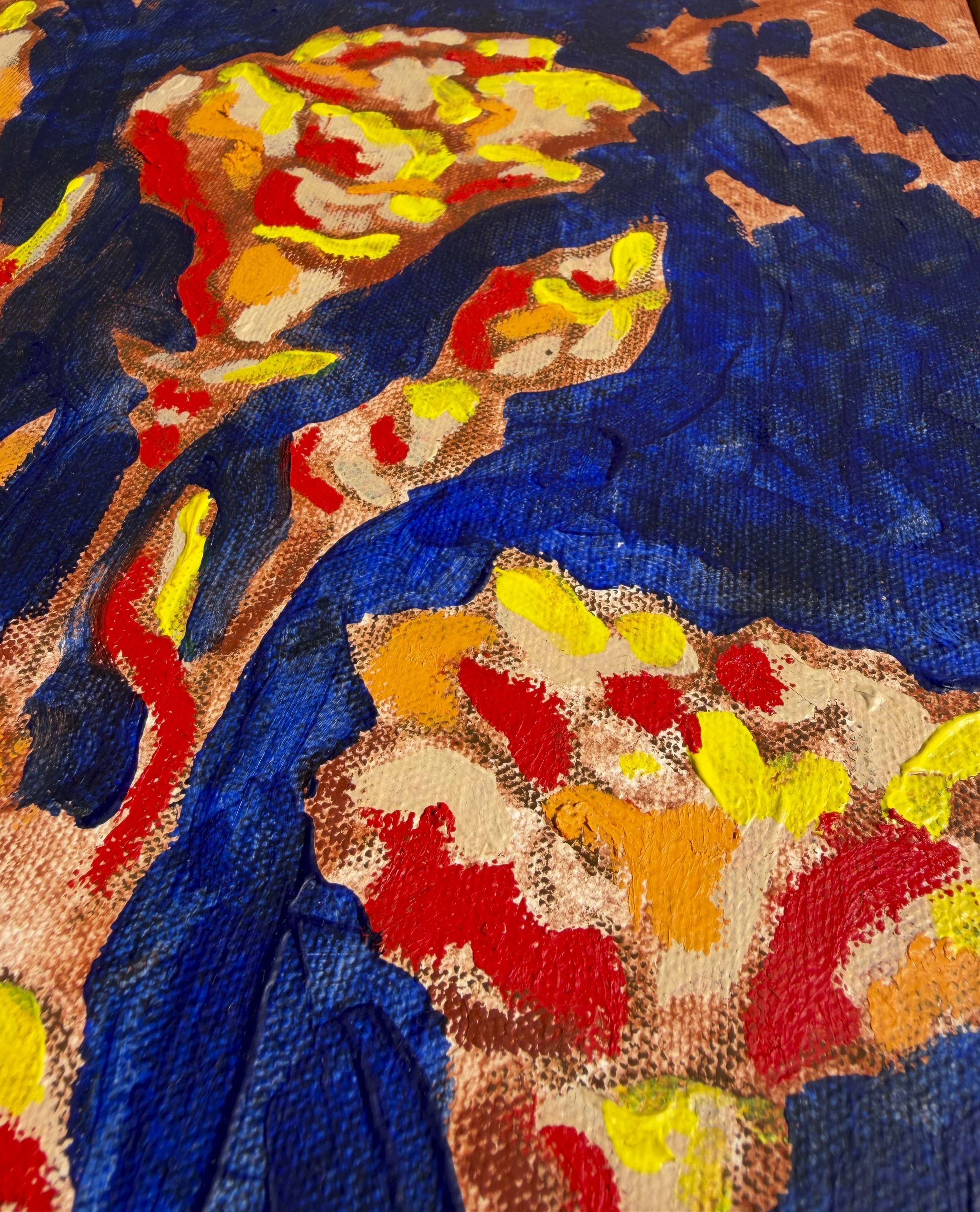Abstract floral painting in deep navy blue and gold tones, part of the In Bloom collection