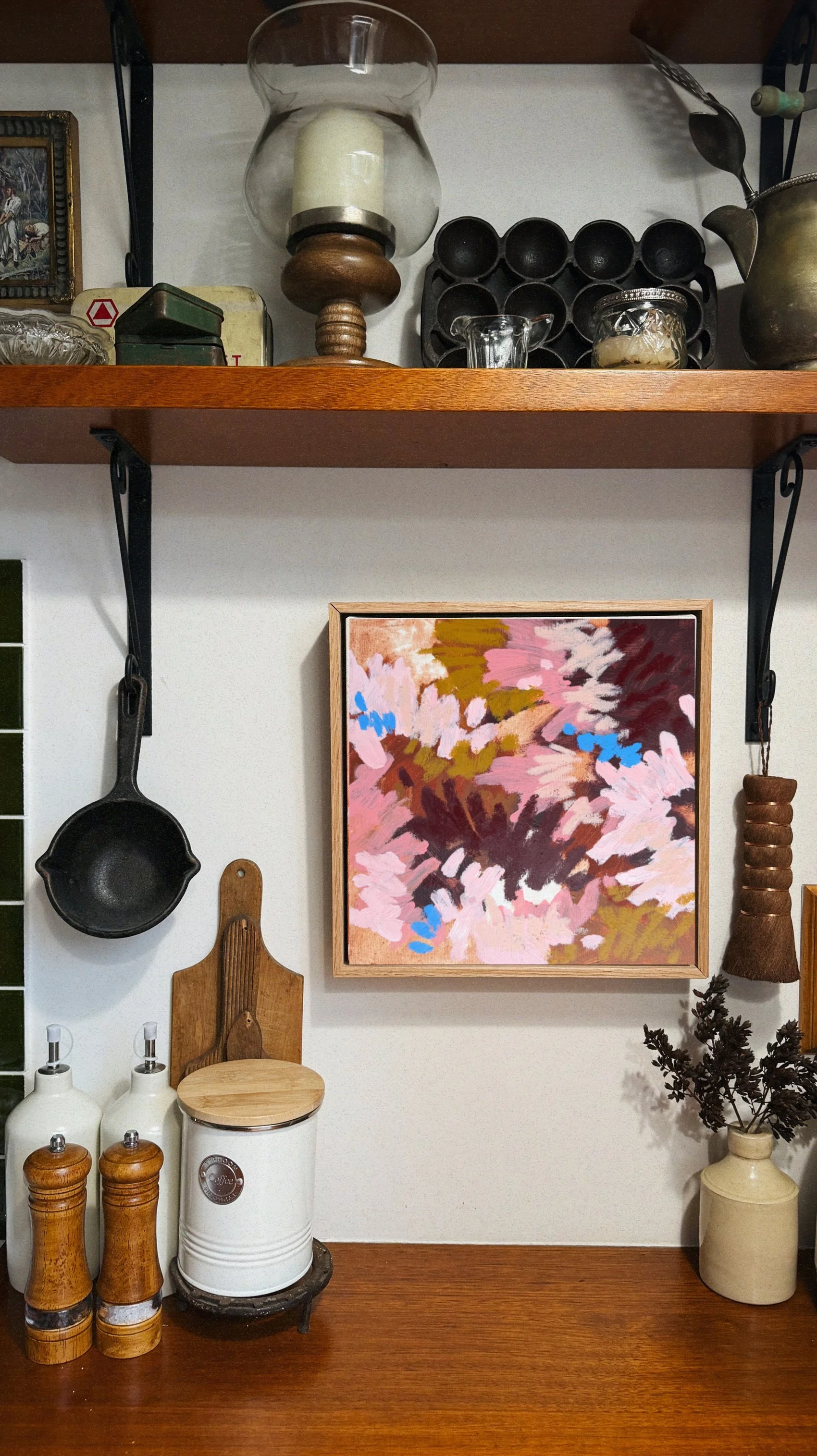Small abstract painting in olive, blush pink and dark sienna with blue accents, companion piece to Undergrowth
