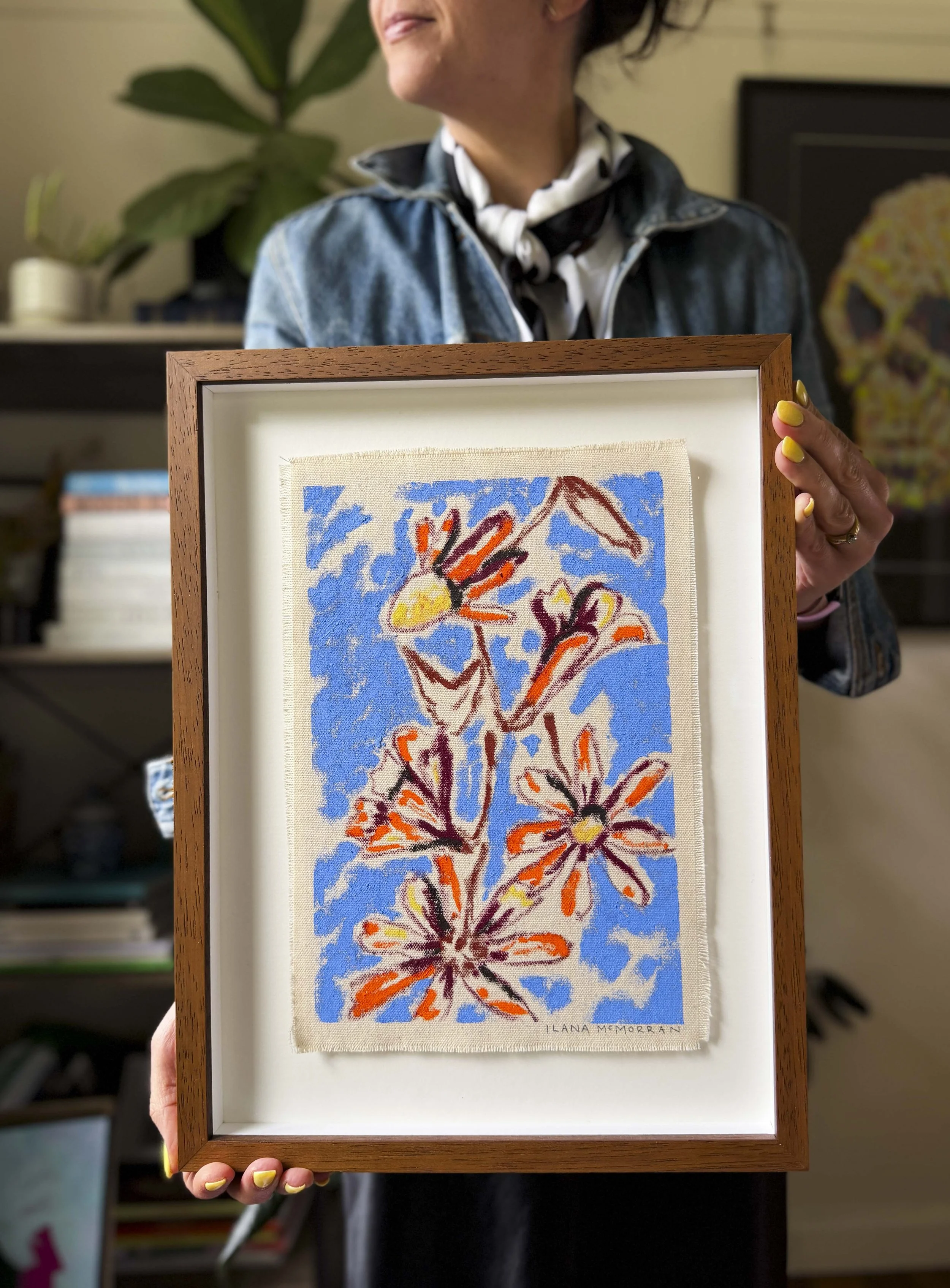 Abstract floral painting in cornflower blue and burgundy tones on raw unframed canvas, part of the In Bloom collection