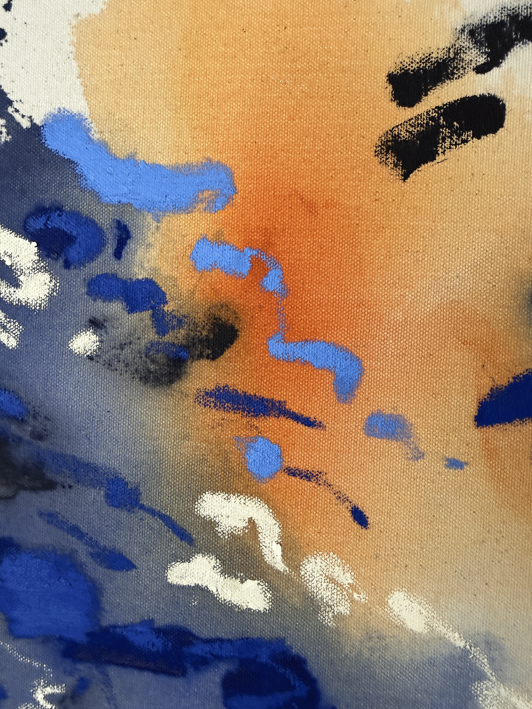 Abstract painting in cobalt, indigo and ochre with raw, stained texture on unprimed cotton duck canvas