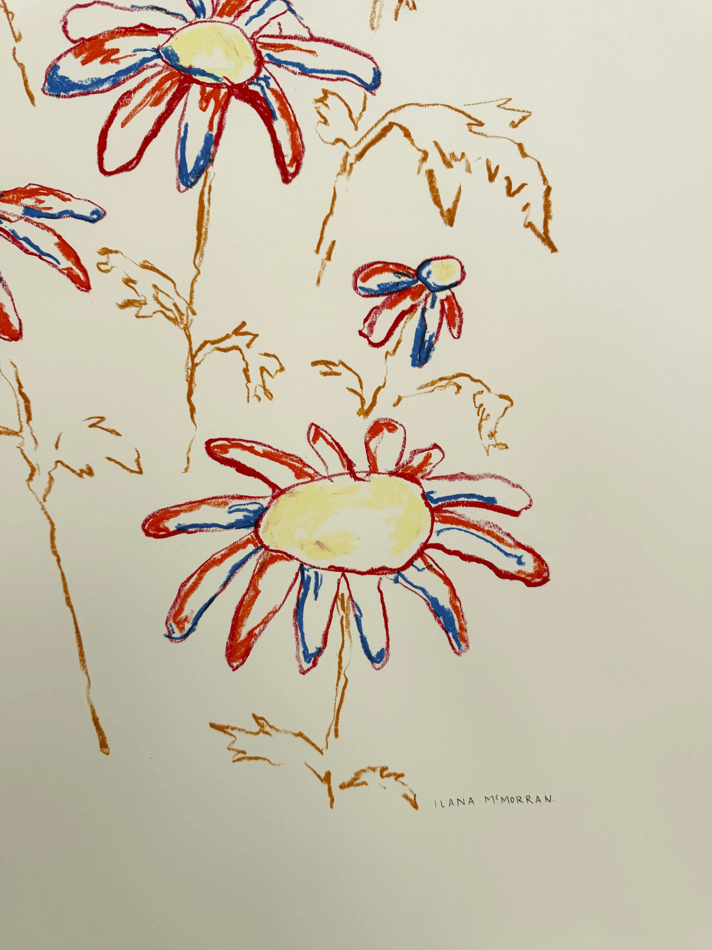 Loose sketch-style floral artwork in red, blue and yellow oil pastel on bare paper, part of the In Bloom collection