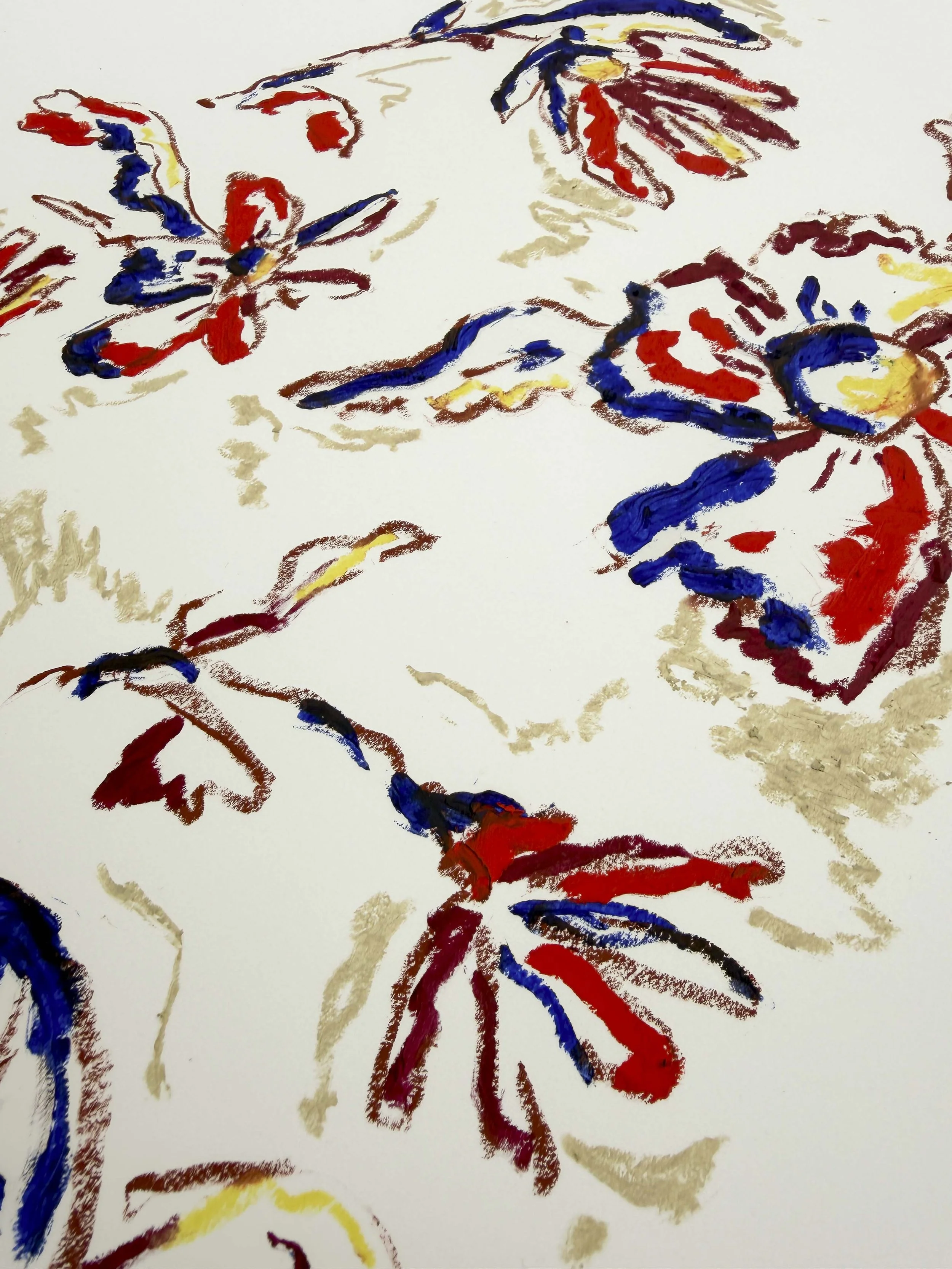 Abstract floral artwork in red, navy and gold tones on a warm sand background, oil stick on paper, part of the In Bloom collection