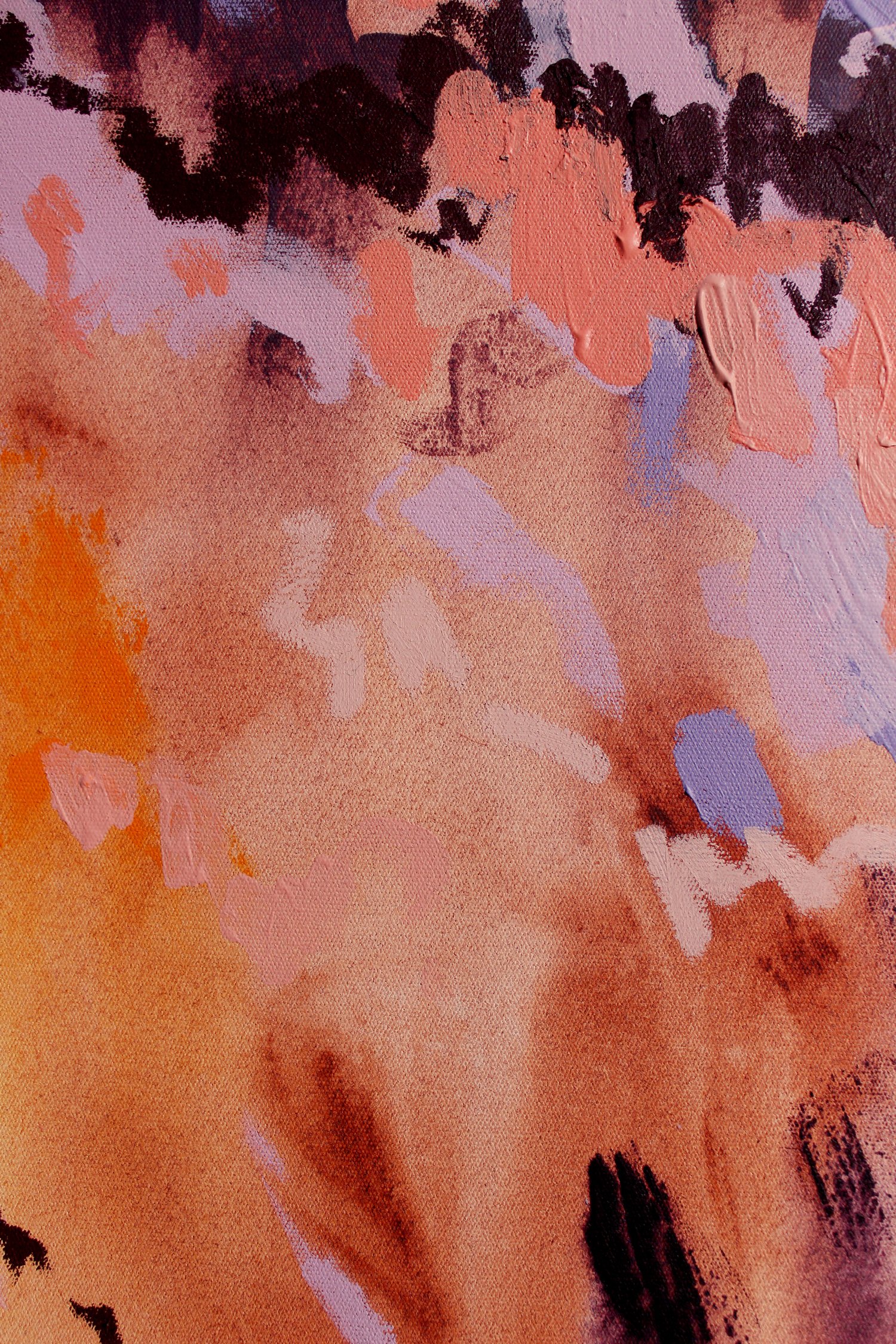 Abstract painting in coral, aubergine, dusty lavender and ochre tones forming a valley shape between two peaks, in an American ash floating frame