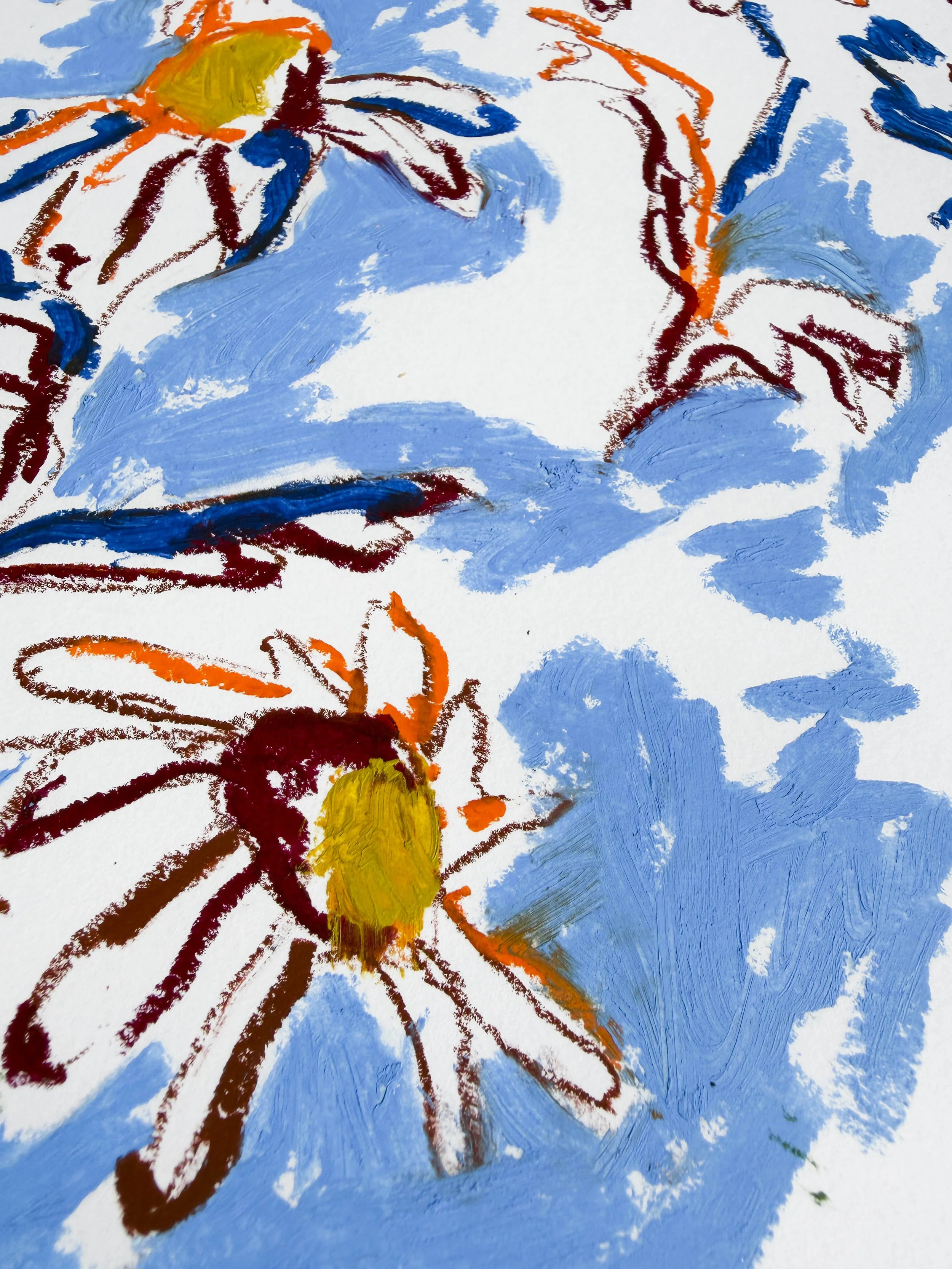 Abstract floral artwork in navy, burgundy, orange and gold on blue background, oil stick on paper, part of the In Bloom collection