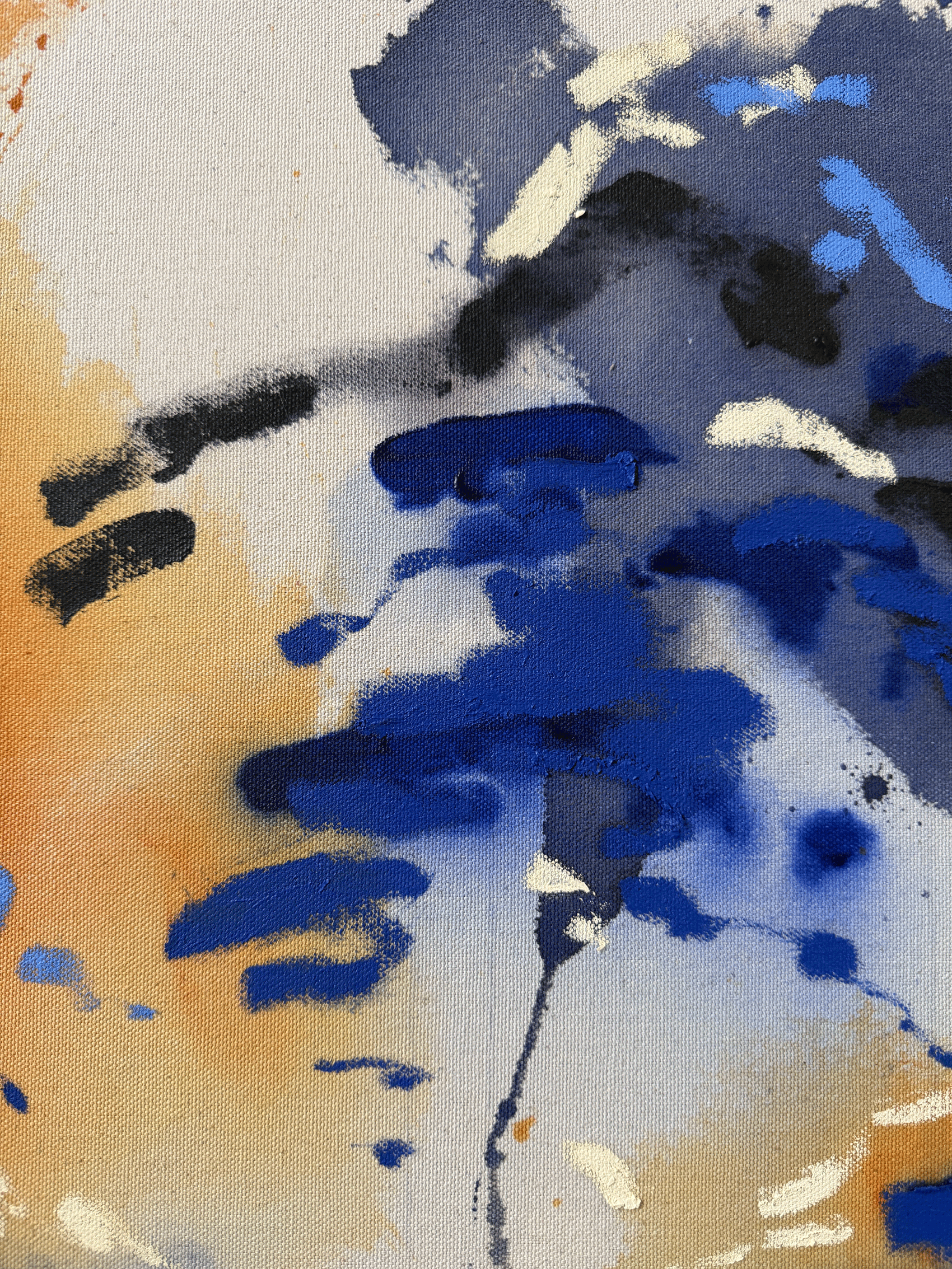 Abstract painting in cobalt, indigo and ochre with raw, stained texture on unprimed cotton duck canvas