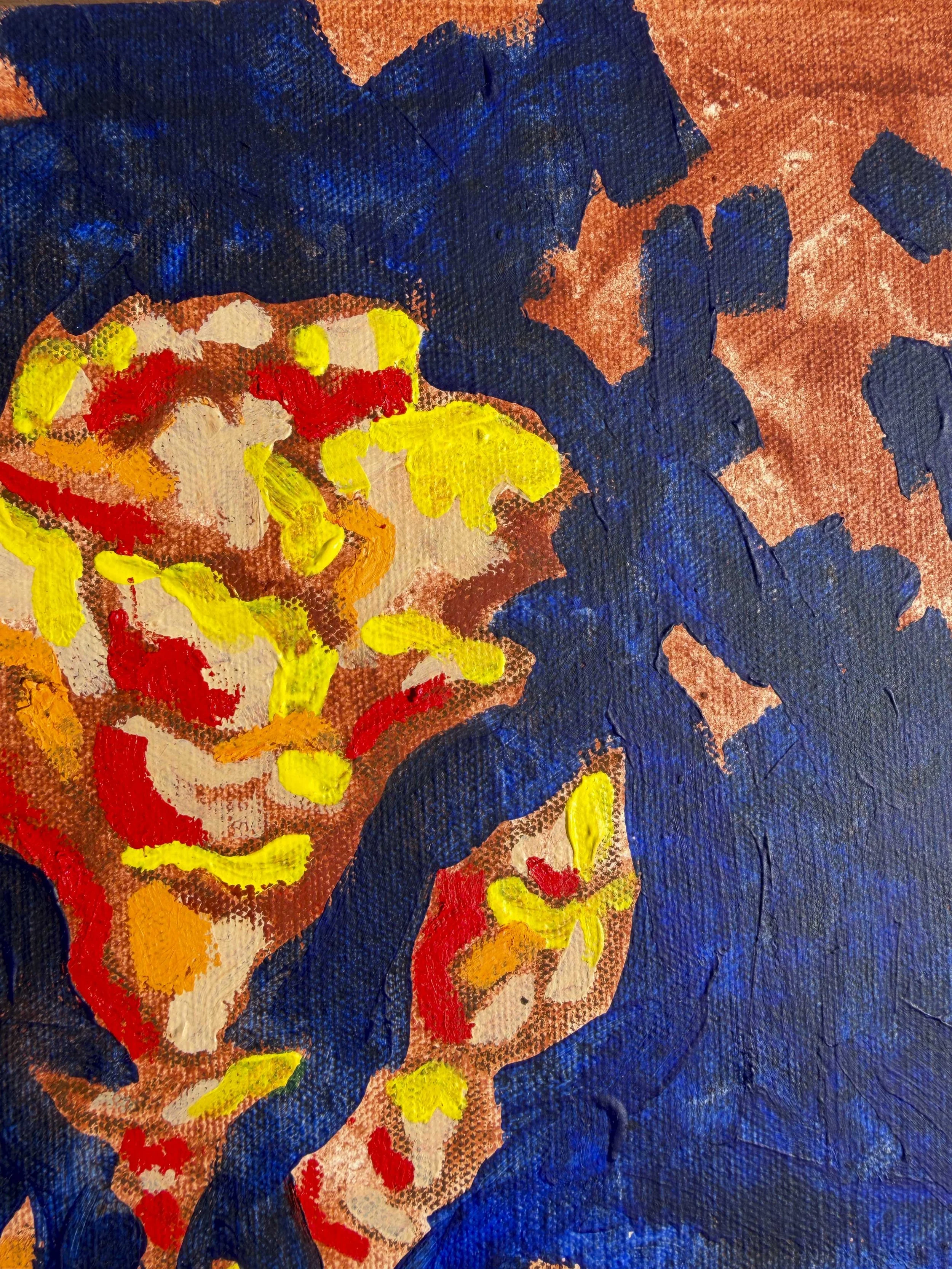 Abstract floral painting in deep navy blue and gold tones, part of the In Bloom collection