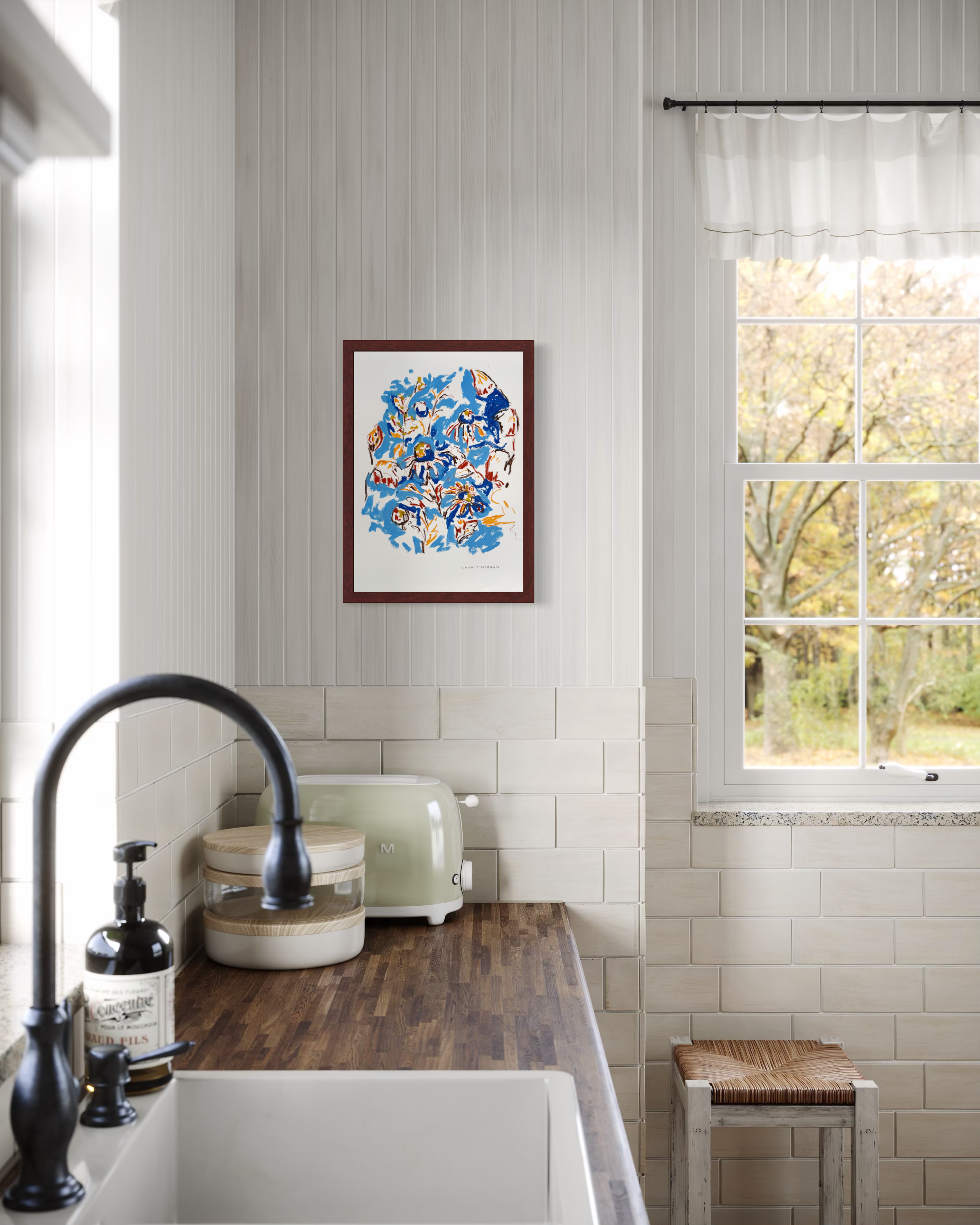 Dense abstract floral artwork in blue, red and gold tones, oil stick on paper, part of the In Bloom collection