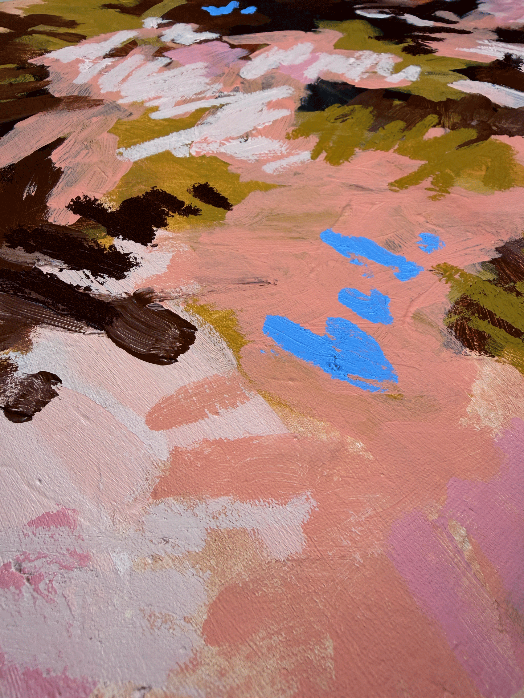 Abstract painting in ochre, chocolate brown and blush pink with small blue accents, dense layered texture