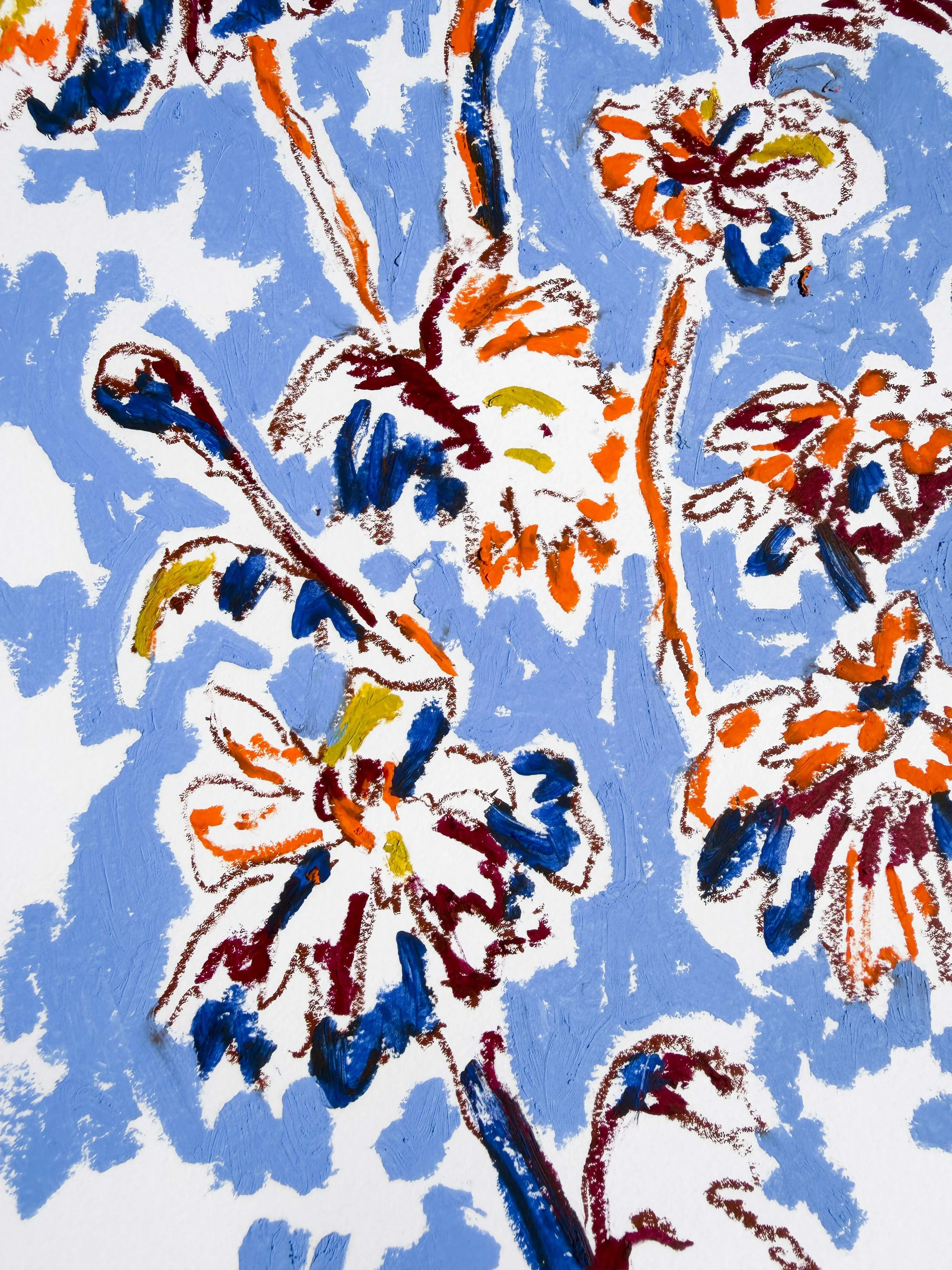 Abstract floral artwork with a clustered bunch of orange, burgundy and gold blooms on blue background, oil stick on paper, part of the In Bloom collection