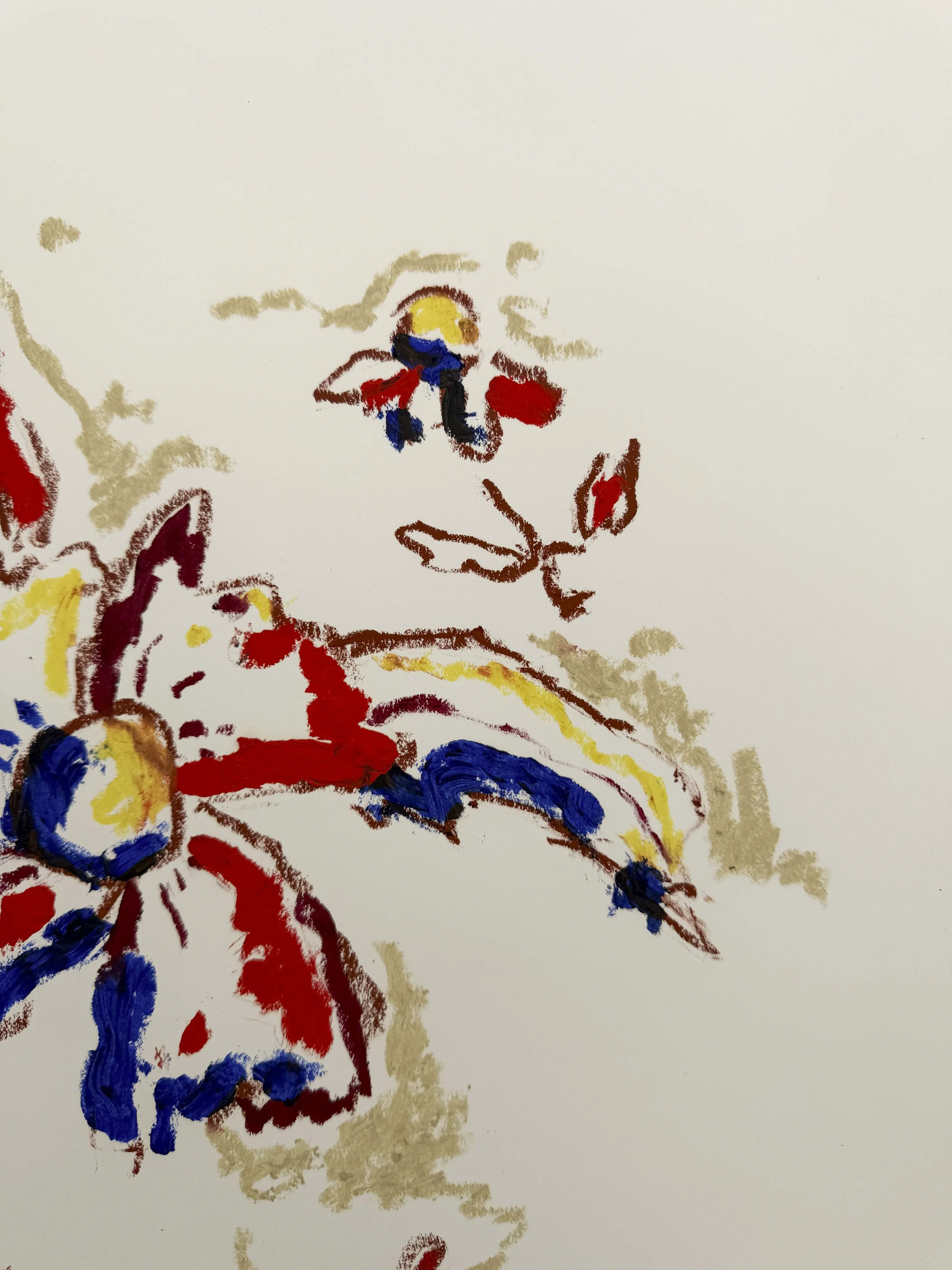Abstract floral artwork in red, navy and gold tones on a warm sand background, oil stick on paper, part of the In Bloom collection