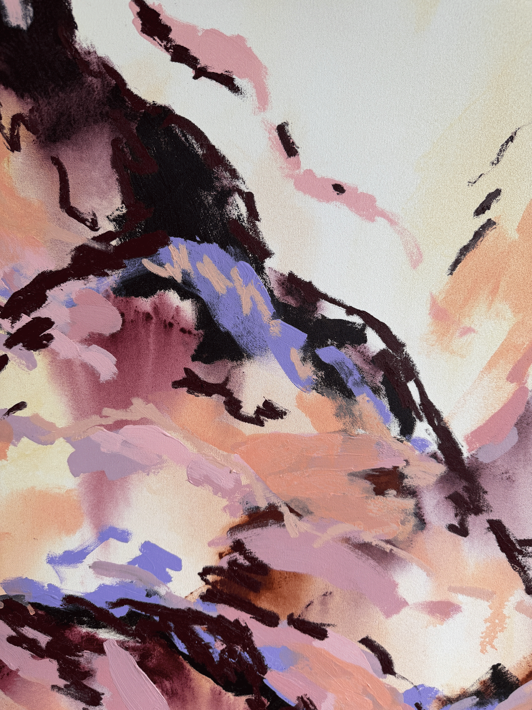 Abstract mountainscape painting in peach, mauve and lavender tones with layered ridges, Australian abstract art