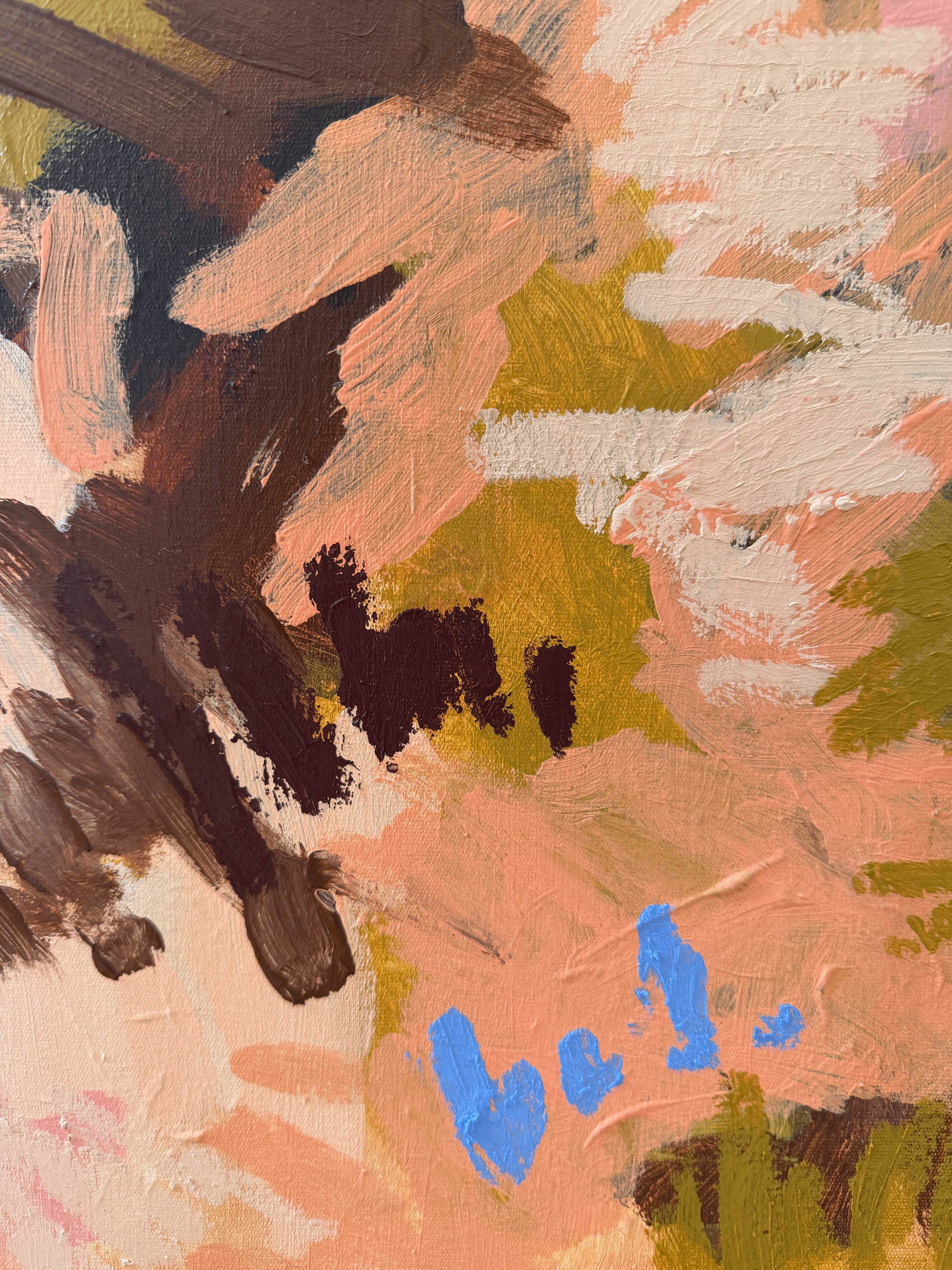 Abstract painting in ochre, chocolate brown and blush pink with small blue accents, dense layered texture