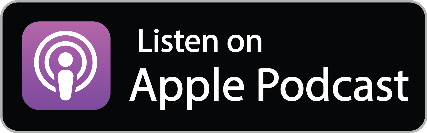 Podcast app icon with purple background and white profile symbol, accompanied by text 'Listen on Apple Podcast' in white font on black background.