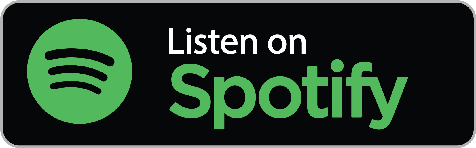 Green Spotify logo with the text "Listen on Spotify" in white and green on a black background.
