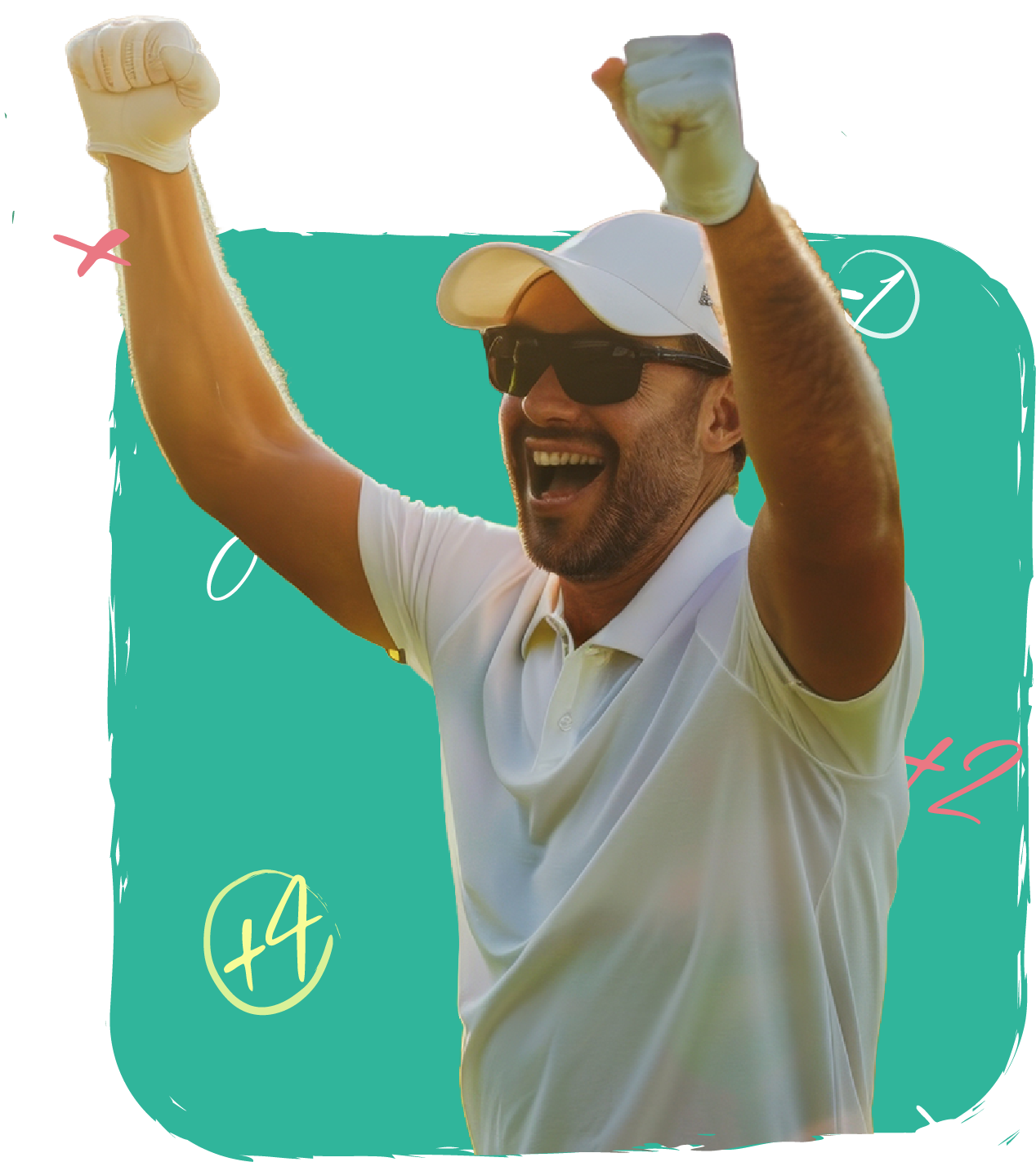 A man celebrating with raised fists, wearing sunglasses, a white cap, and a white polo shirt.