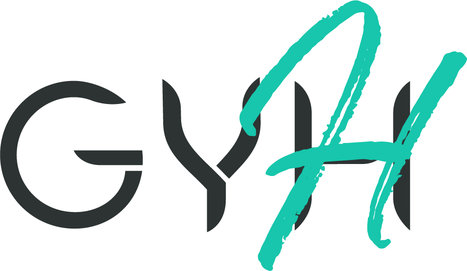 Stylized text logo with the letters 'GYH', where 'GY' is in black and 'H' is in teal with a brushstroke style.