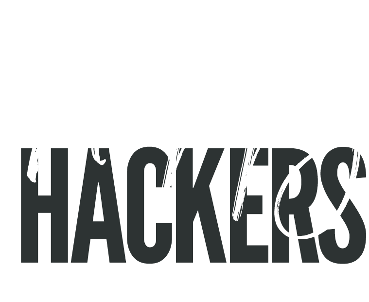 The image features the words "Happy Hackers" with "Happy" written in white cursive script and "Hackers" in bold black capital letters on a dark gray background.