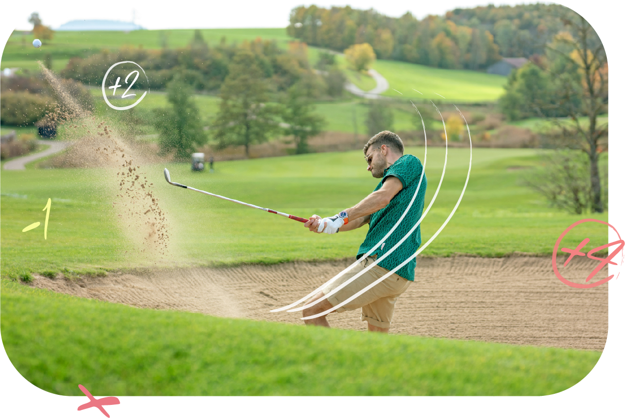 A man hitting a golf ball out of a sand trap on a golf course during daytime. The background shows green rolling hills and trees.