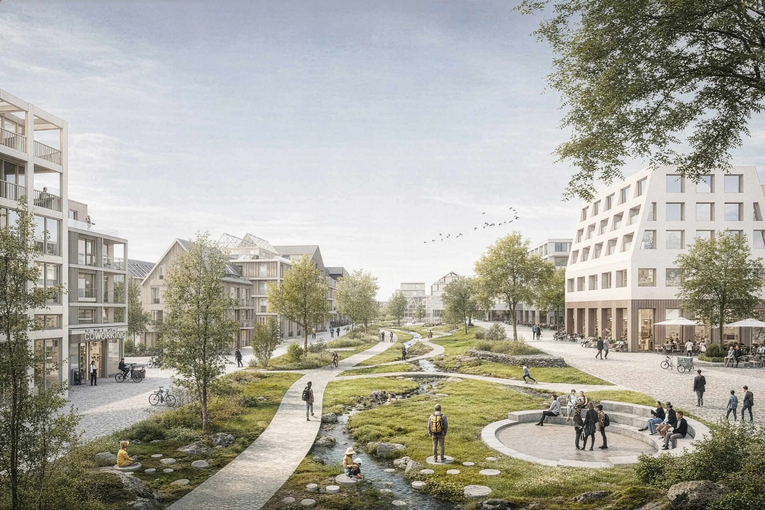 A modern urban parkscape with winding walking paths, small streams, and people walking, sitting, and biking. Surrounding buildings include residential structures with balconies and a coworking space. Trees line the paths, and buildings have contemporary architectural designs.