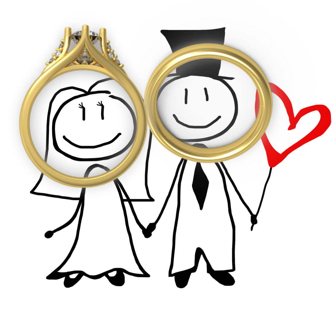 Dessin en noir et blanc d'un couple, une femme et un homme, tenant la main. La femme porte une robe et la femme porte un costume avec une cravate. Les visages sont des dessins simples avec des sourires. Deux anneaux en or, l'un avec une pierre, sont 