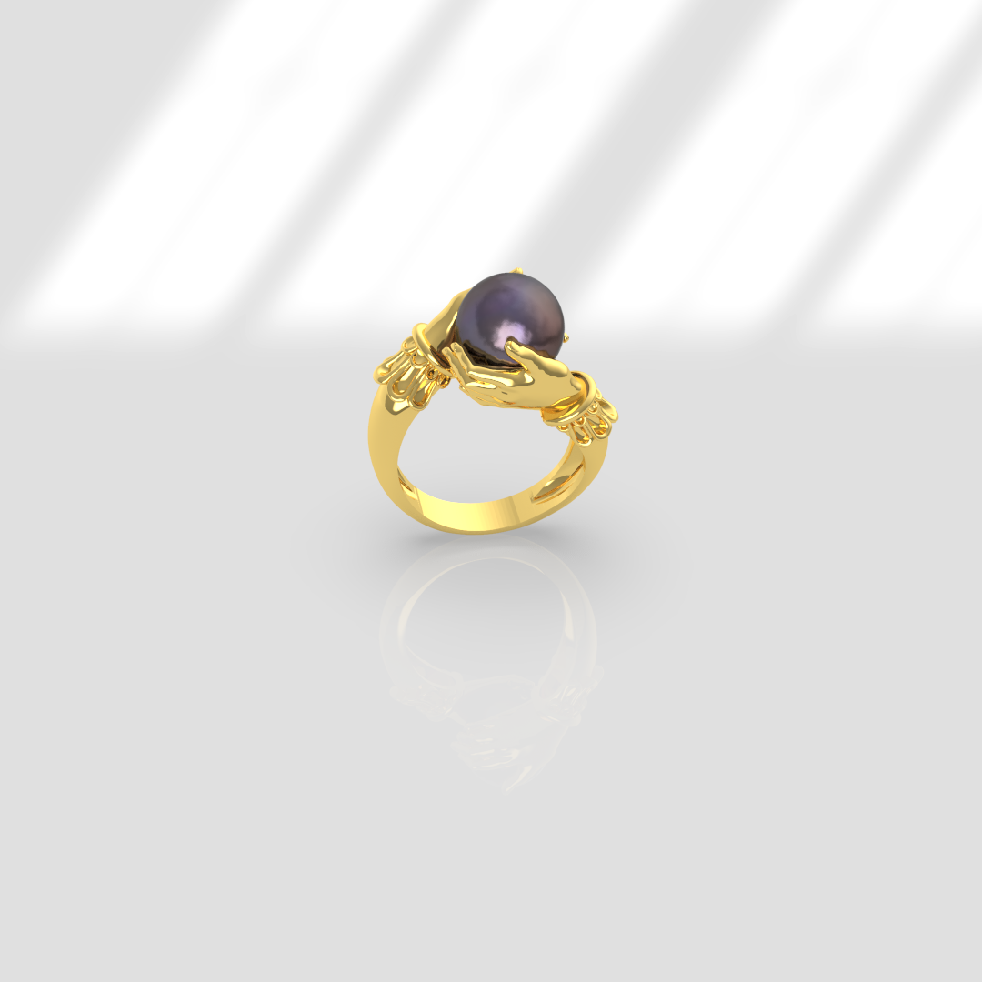 Bague or jaune perle noire et diamants création sur mesure Aion Jewels
