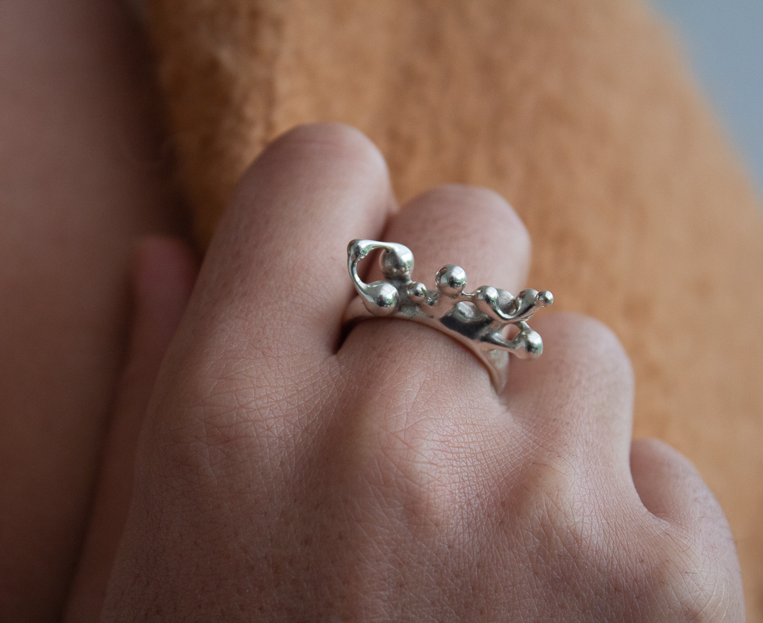 Un doigt portant une bague en argent avec un design de petites boules.
