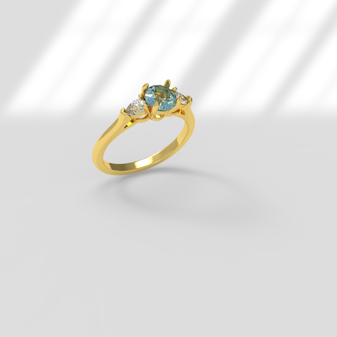 Bague en or avec un diamant bleu central et deux diamants blancs de chaque côté, sur fond blanc