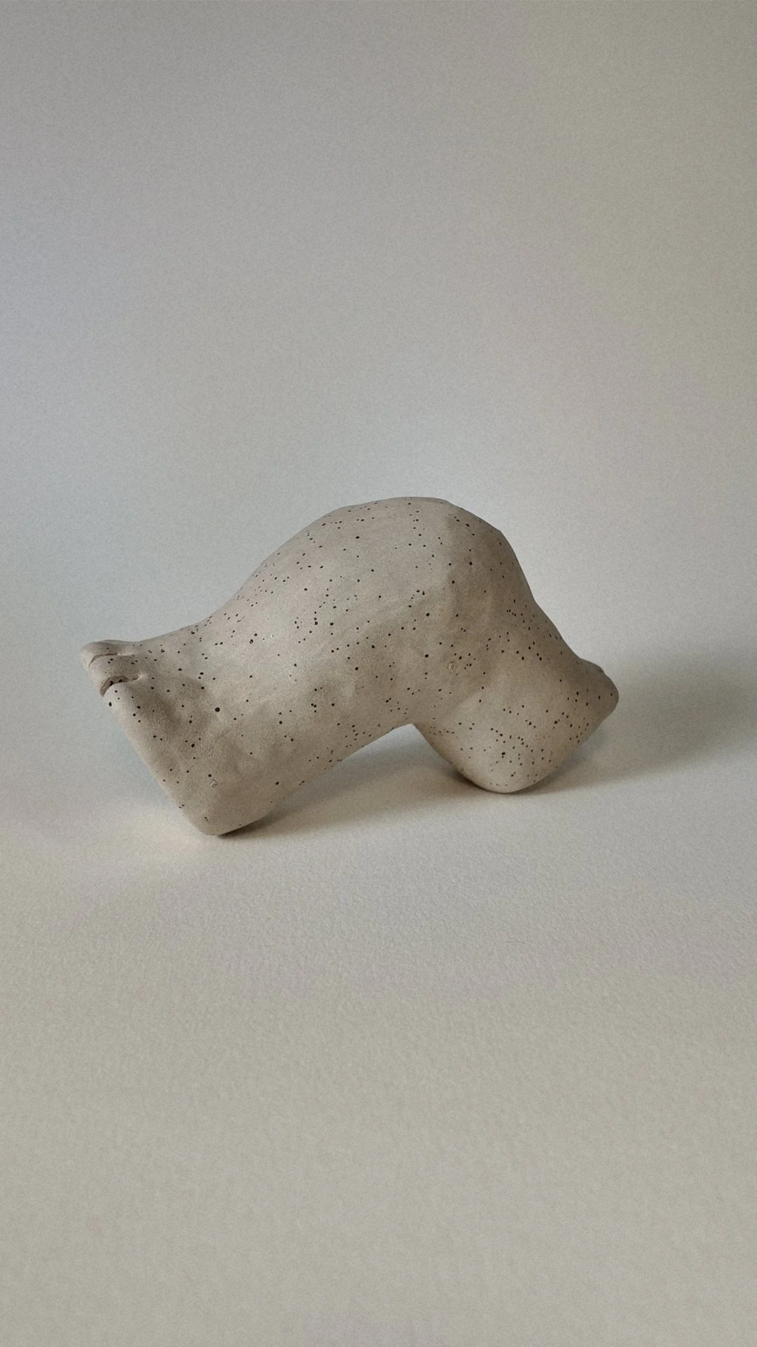 A small, abstract sculpture resembling a dog made of light-colored material with black speckles, placed on a white surface against a plain background.