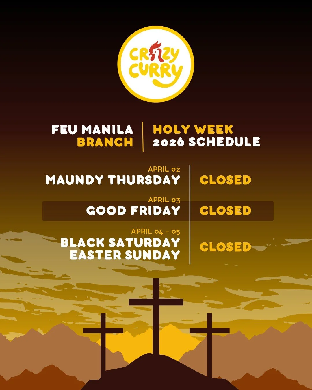 Heads up, Curry Lovers! 👀

Please be guided with our Holy Week store schedule. 

Plan ahead and make sure you don&rsquo;t miss your Crazy Curry cravings this long weekend!

Visit your nearest Crazy Curry branch today or save this post for your guide