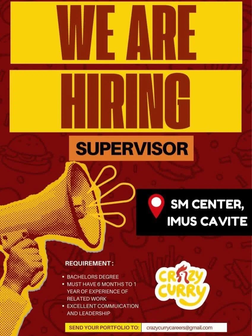 WE&rsquo;RE HIRING! ✅

Join the Crazy Curry team! 🍛

📍 SM Center Imus (infront of Mcdo)
📅 Tuesday, April 21, 2026
⏰ 1:00 PM &ndash; 2:00 PM

We&rsquo;re looking for passionate and hardworking individuals to be part of our growing team!

✅ Bring yo