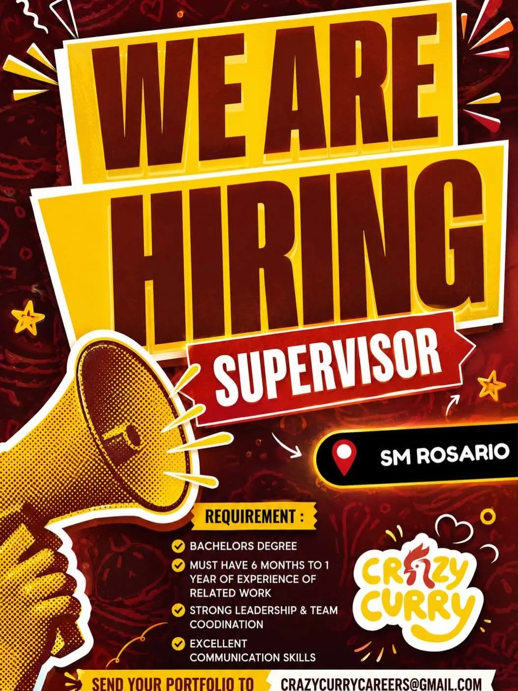 WE&rsquo;RE HIRING! ✅

Join the Crazy Curry team at SM City Rosario! 🍛

Interview will be at:
📍 SM Center Imus (infront of Mcdo)
📅 Friday, May 22, 2026
⏰ 2:00 PM &ndash; 3:00 PM

We&rsquo;re looking for passionate and hardworking individuals to be
