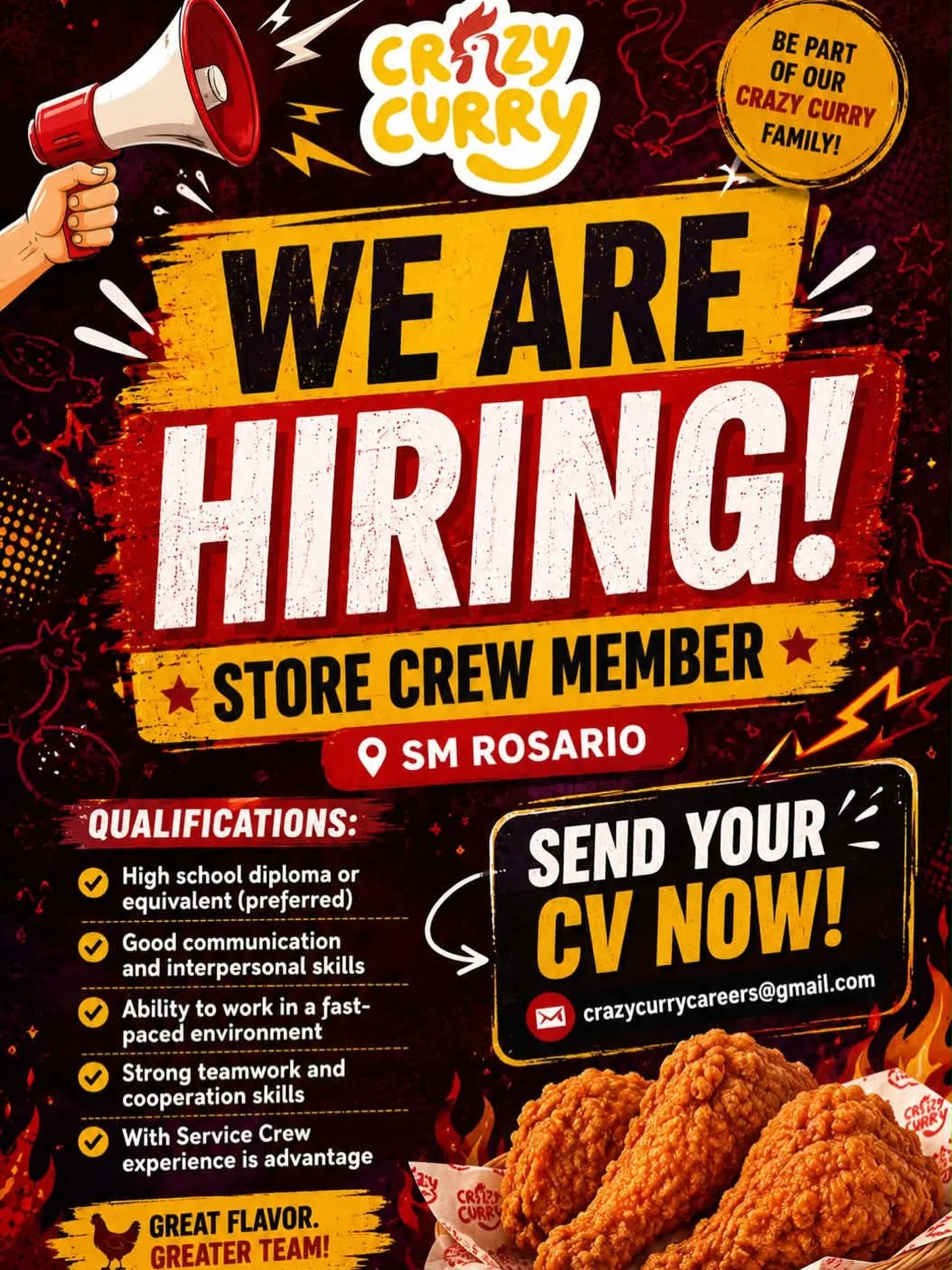 WE&rsquo;RE HIRING! ✅

Join the Crazy Curry team at SM City Rosario! 🍛

Interview will be at:
📍 SM City Rosario (2F)
📅 Thursday, June 4, 2026
⏰ 1:00 PM &ndash; 2:00 PM

We&rsquo;re looking for passionate and hardworking individuals to be part of o