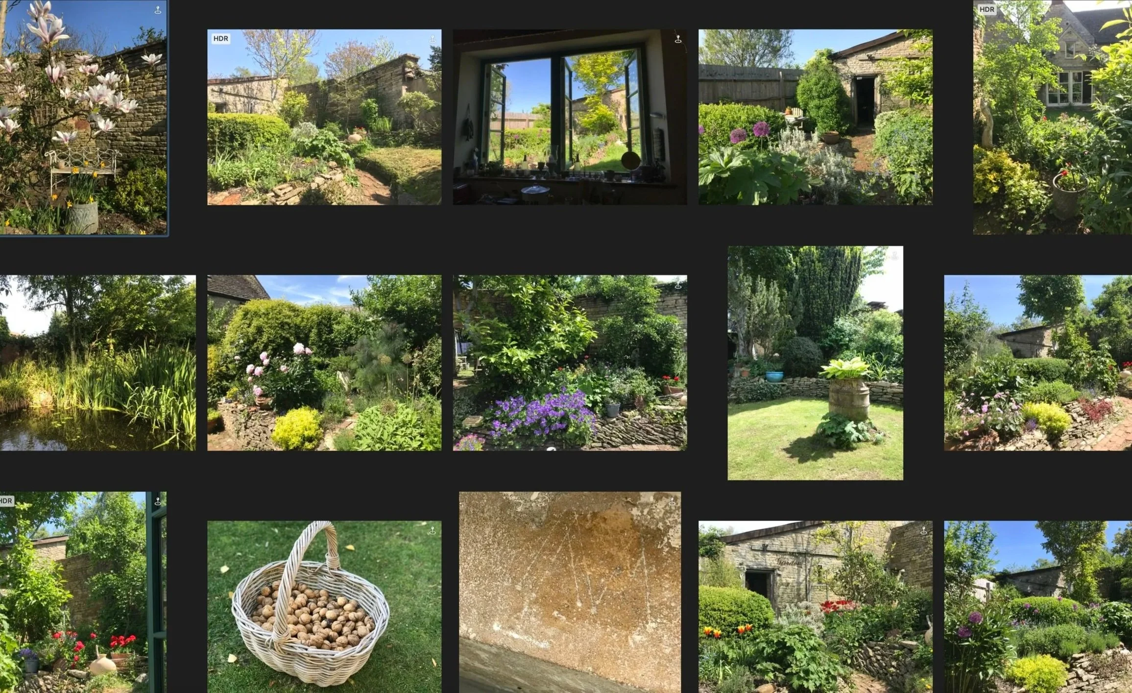 A collage of various lush green garden scenes with flowering plants, trees, and outdoor furniture visible through open windows and across the yard.