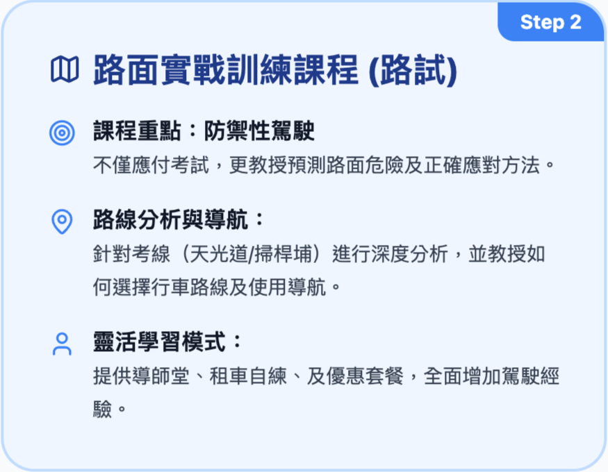 Training course outline for road practice, focusing on defensive driving, route analysis and navigation, and flexible learning modes, with icons for book, location, and person.