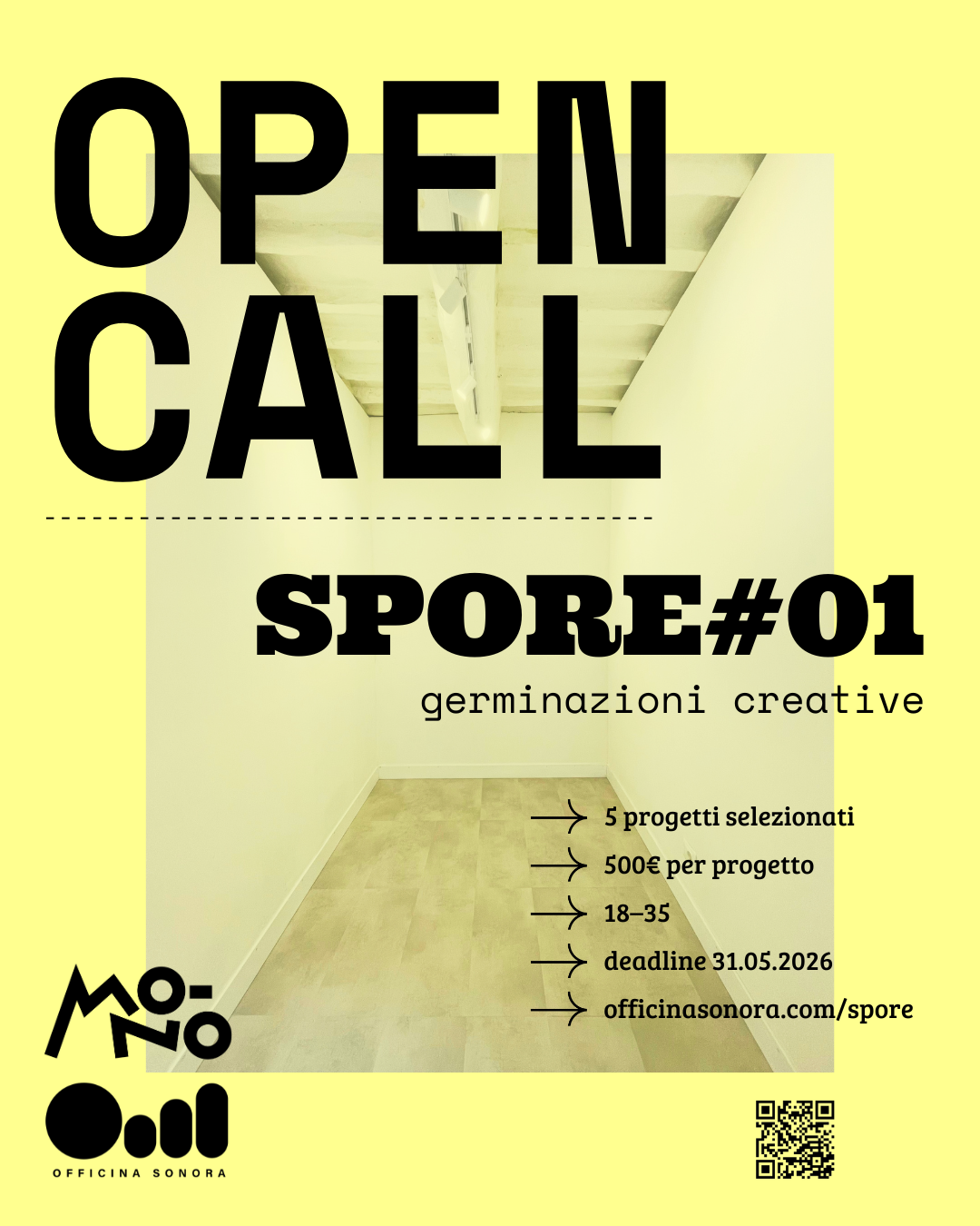 Immagine sfocata di un poster con un design moderno su sfondo giallo.