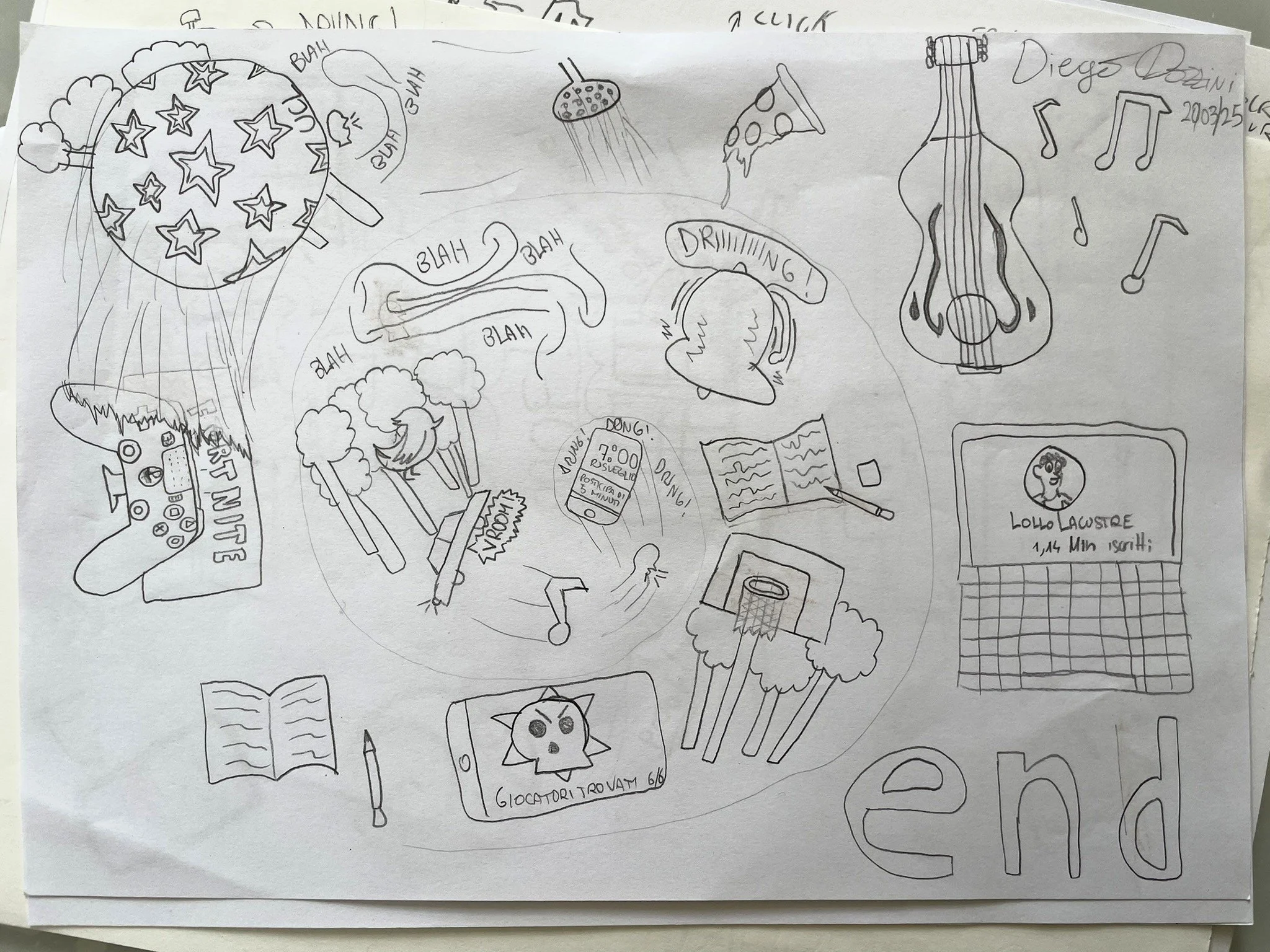 Disegno a mano di vari oggetti e scene, tra cui un pallone  da spiaggia, musica, uno schermo di un computer, una palla da basket, libri, strumenti musicali, una pianta, e testi come 'end' e 'blab'.
