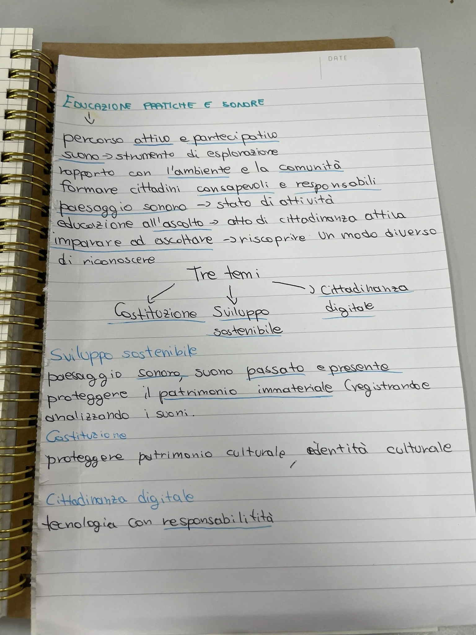 Appunti manoscritti su pratiche e suoni per l'educazione, con temi come sviluppo sostenibile, cittadinanza digitale e preservazione del patrimonio culturale, scritti su un taccuino a righe.