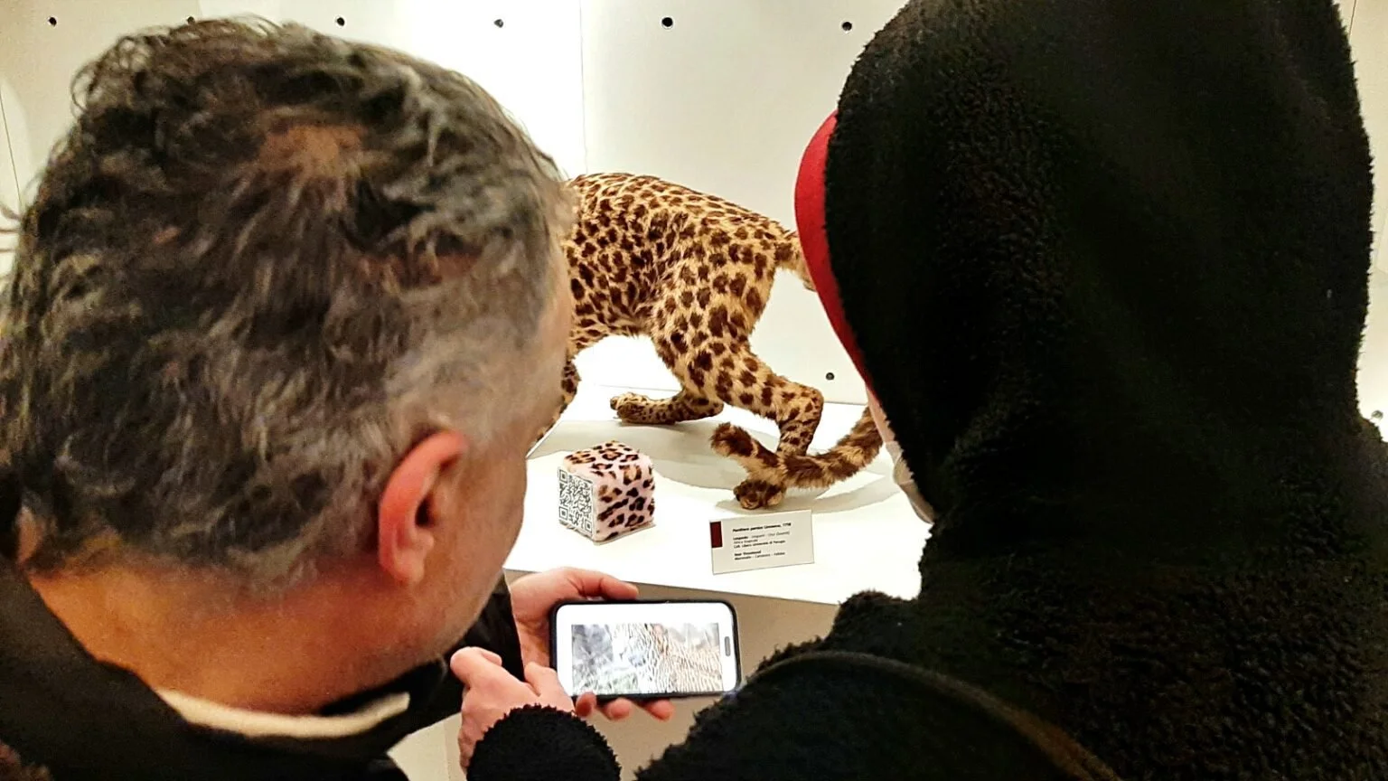 Due persone osservano una scultura di un leopardo al museo, una delle persone sta usando il telefono per scattare una foto.
