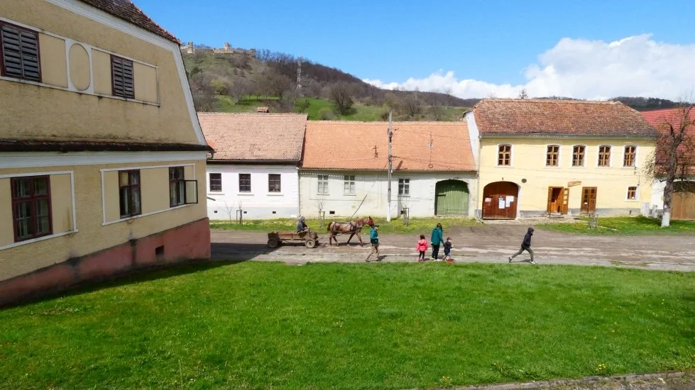 Veduta di un villaggio con case di colori chiari e tetti di tegole rosse, un cavallo traina una carrozza, e alcune persone camminano lungo la strada, con una collina verde sullo sfondo sotto un cielo azzurro.